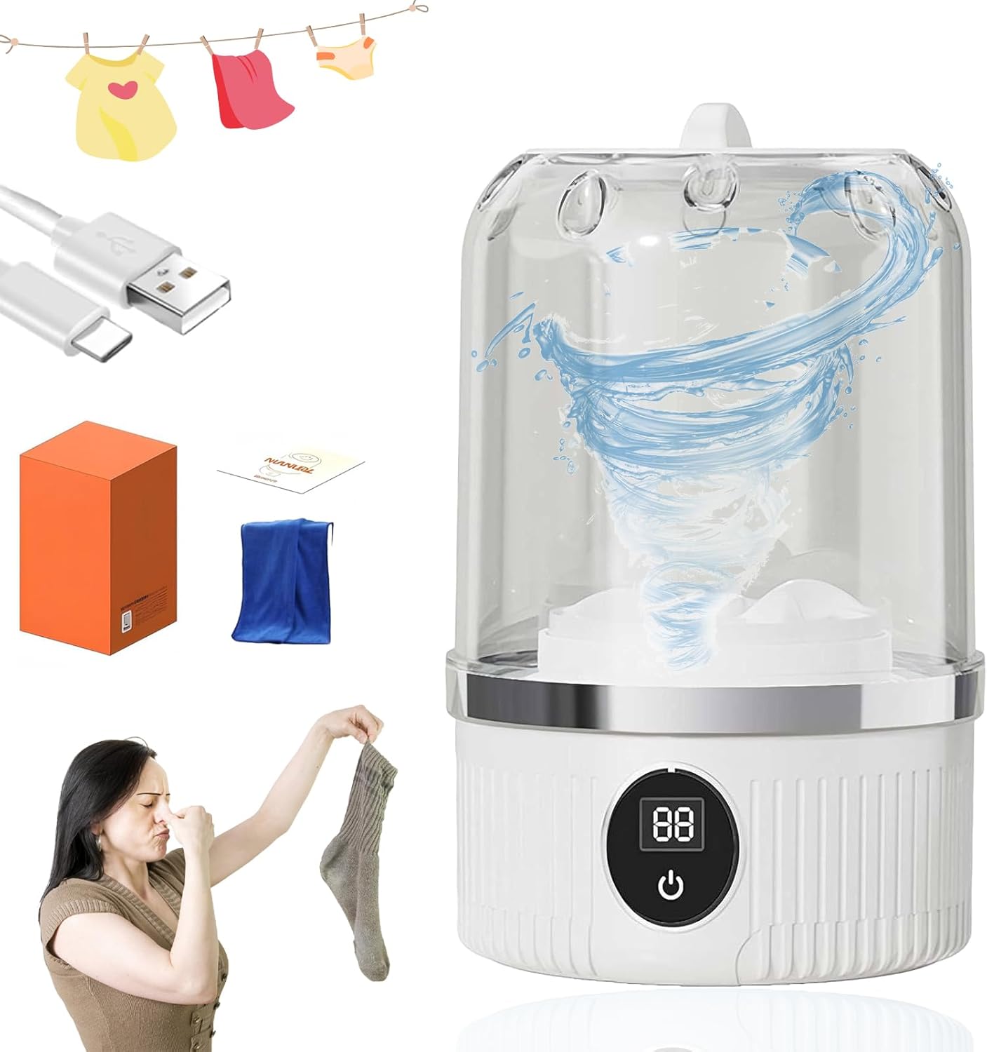 Wireless Underwear Mini Smart Laundry Cup, Rechargeable Underwear Washing Machine, Portable Mini Lavadora Para Ropa Interior for Bra, Socks, Baby Clothes and Camping Rv Travel (White)