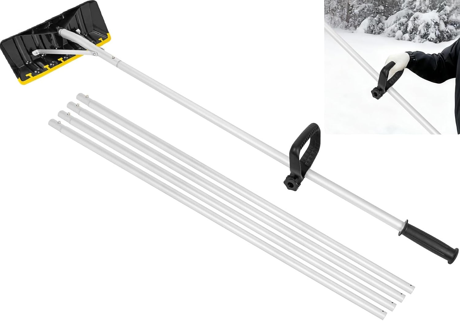 GMAK Snow Roof Rake Adjustable Length, 20FT Telescopic Roofs Shovel Plastic Blade Snow Removal Tool, Anti-Slip Handle Grip, Snow Rake with Handle for Winter Housetop Roof, Truck Lorry Snow, Leaves