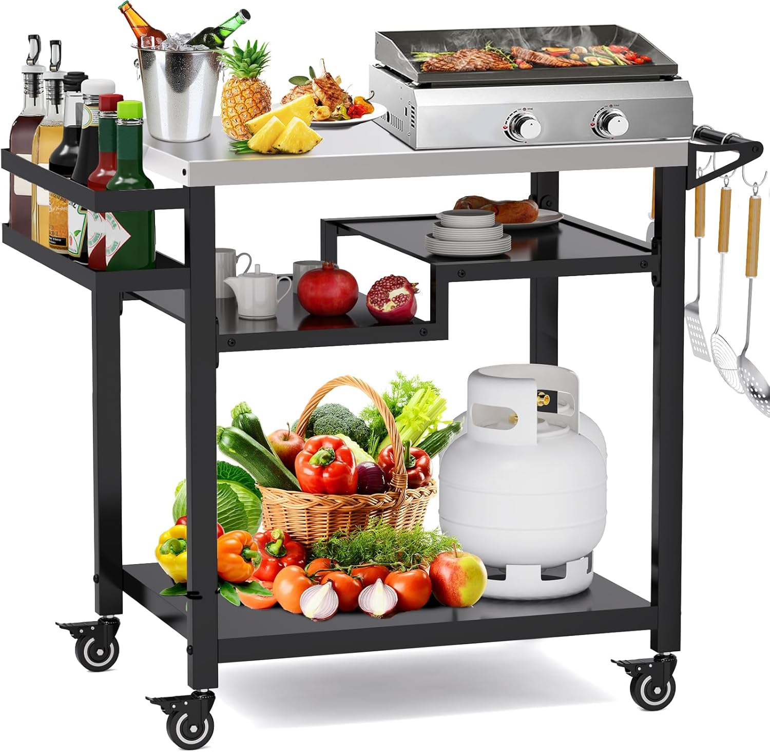 Outdoor Grill Table, Multi-Function Pizza Oven Stand, Three-Shelf Food Prep and Work Cart Table, Heavy Duty Grill Cart for Party, Bar, Camping