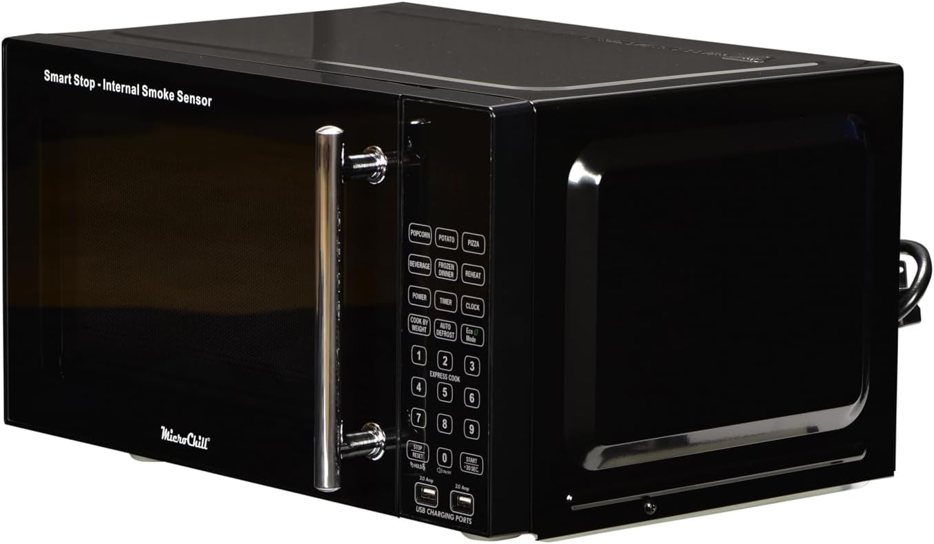 USB Microwave with Smoke Sensor, 2 USB Ports, Door Lock, 6 Cook Settings, Mute Function, Express Cook, +30 Seconds Function, Auto Defrost, Timer, Eco Mode, Easy Clean Dark Grey Interior.