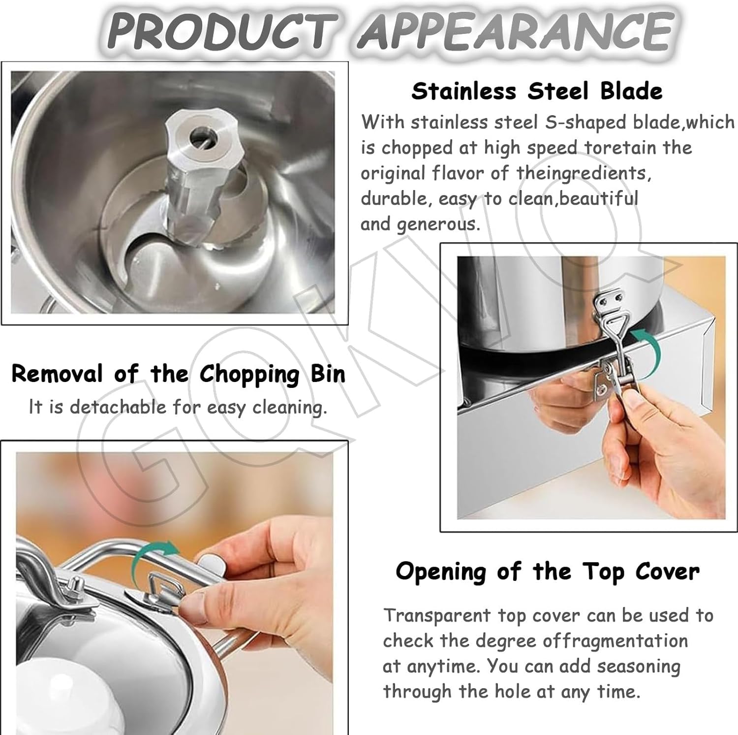 1800w Stainless Steel Electric Vegetable Blender Cutter,6/9L, Adjustable Speed for Fruits Grains Peanut Ginger Garlic B-HR-9L