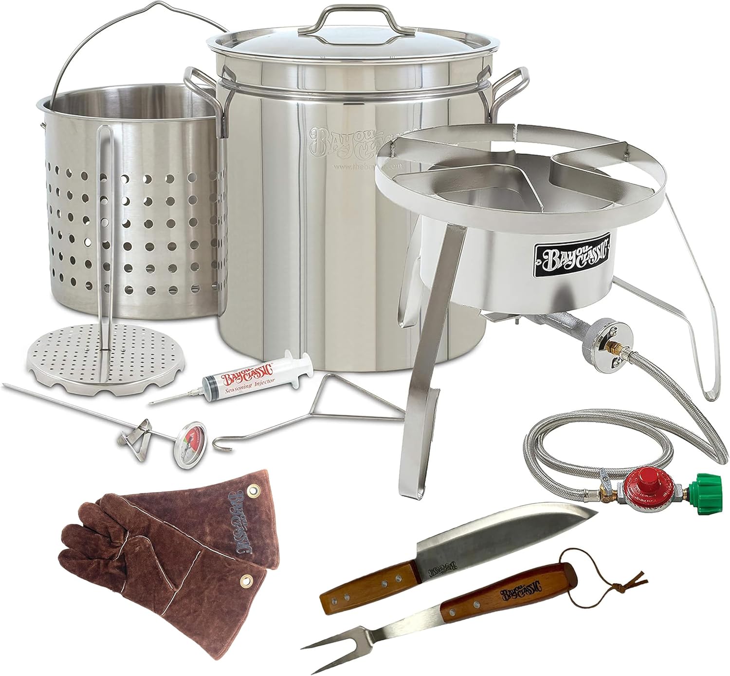Turkey Fryer Complete Kit For OVERSIZED HUGE 44 Quart Stainless Stockpot with Stainless Steel Burner 59K BTU Turkeys 25+ Pounds or Diameter of 13.5 All Accessories Fork & Knife Set Leather Fry Gloves
