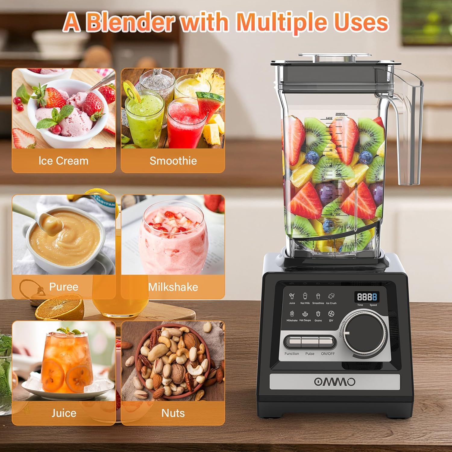 OMMO Blender, Peak1800W Blender for Smoothies, 68oz BPA-Free Smoothie Blenders for Kitchen with 9 Speed Control&Built-in Timer, Dishwasher Safe for Ice Crush, Smoothies, Frozen Drinks and Fruits