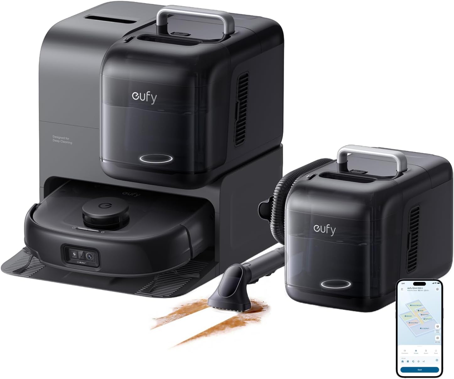 eufy Robot Vacuum E28, Portable Carpet for Deep Cleaning, HydroJet System with Roller Mop, All-in-One Robot Vacuum and Mop Combo, 20,000 Pa Suction, Zero-Tangling, Corner-to-Edge Cleaning (Upgraded)