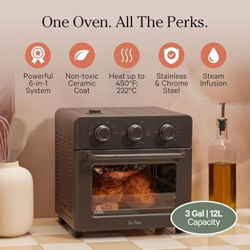 Our Place Wonder Oven & Essentials Kit | 6-in-1 Air Fryer Toaster Oven with Steam Infusion | Countertop Convection Oven Combo with Extra Bake Pan & Air Fryer Basket | Non-toxic, PFAS-Free Duo | Char