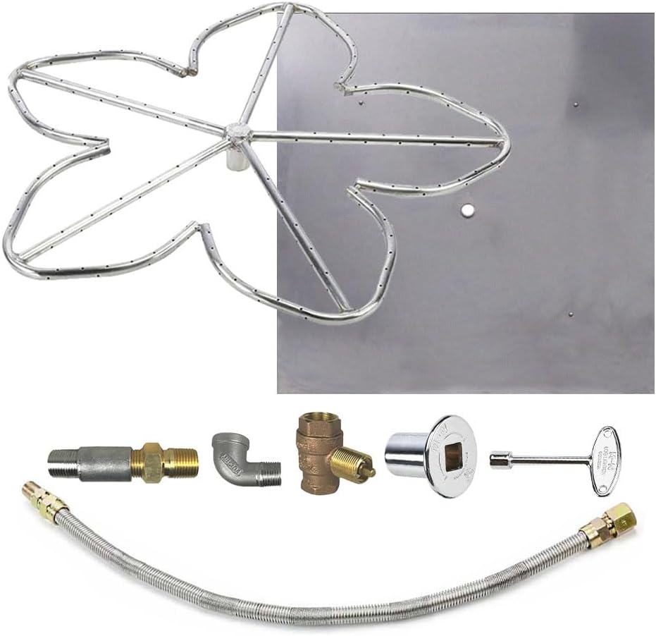HPC Penta Match Lit Fire Pit Burner Kit with 48-Inch Stainless Steel Burner and 54-Inch Square Flat Pan, Propane, Polished Chrome, with Flange, Key, Valve, Flex Line and Fittings