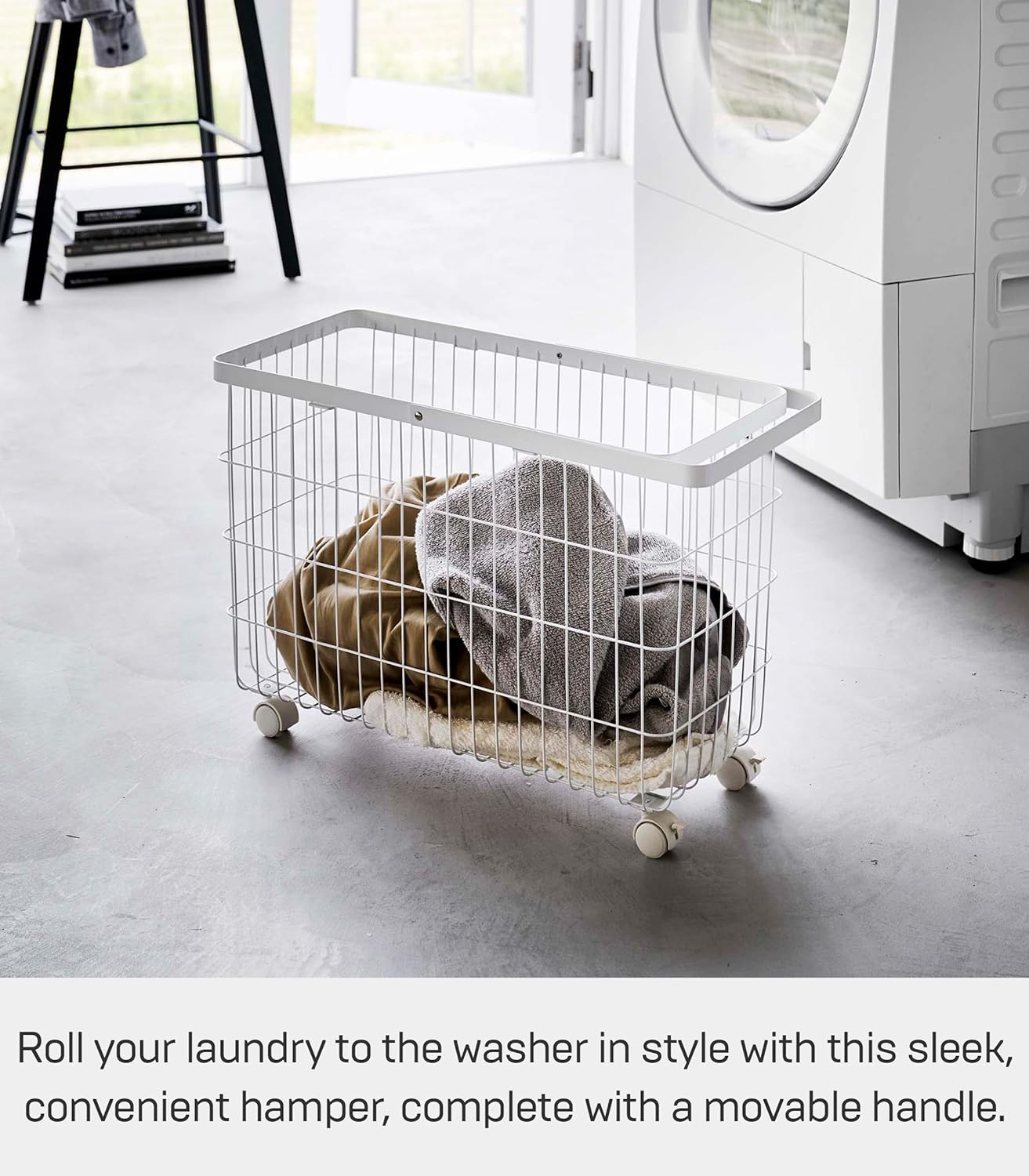 Yamazaki Home Tower Small Rolling Laundry Basket Metal Hamper Cart With Wheels And Handle, 14.8