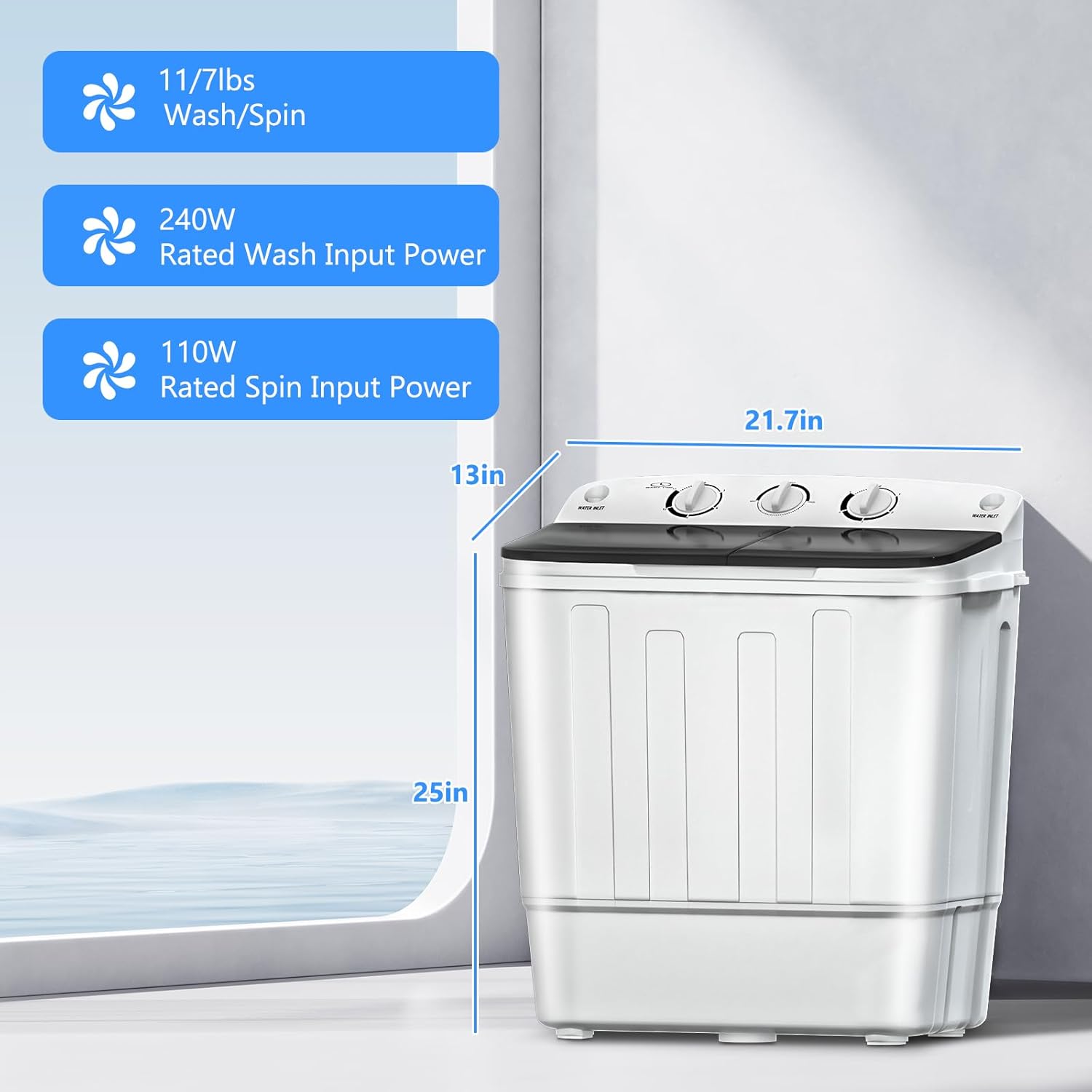 Portable Washing Machine, 18lbs Twin Tub (11+7lbs Washer/Spinner) with 10 Hangers and Drying Rack, for Powerful Stain Removal, Semi-Automatic Compact Washer for Dorms, Apartments, RVs(Black)