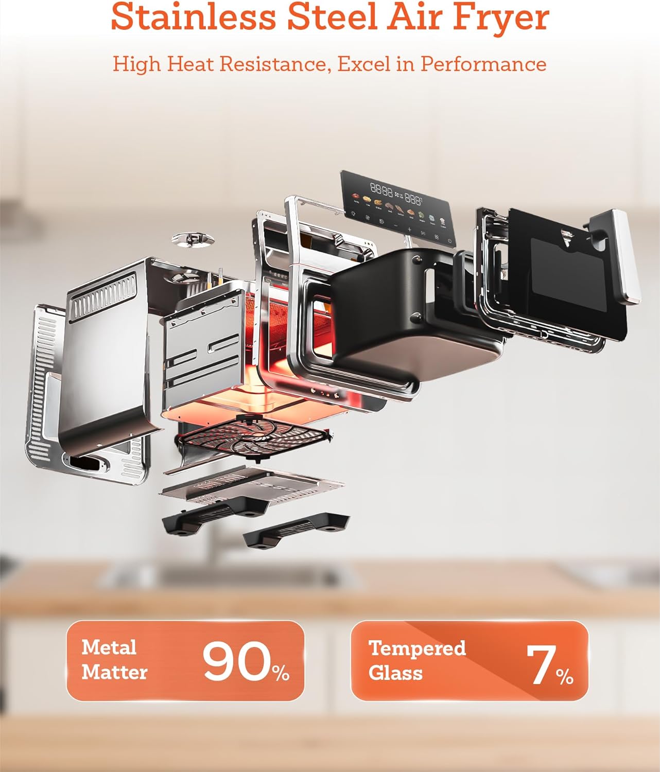 6 Qt Stainless Steel Air Fryer, Stainless Steel Housing& Full Metal Inner Pot, PTFE and PFAS Free, 9 Digital One-Touch Cook Functions,120°F~450°F, 1700W