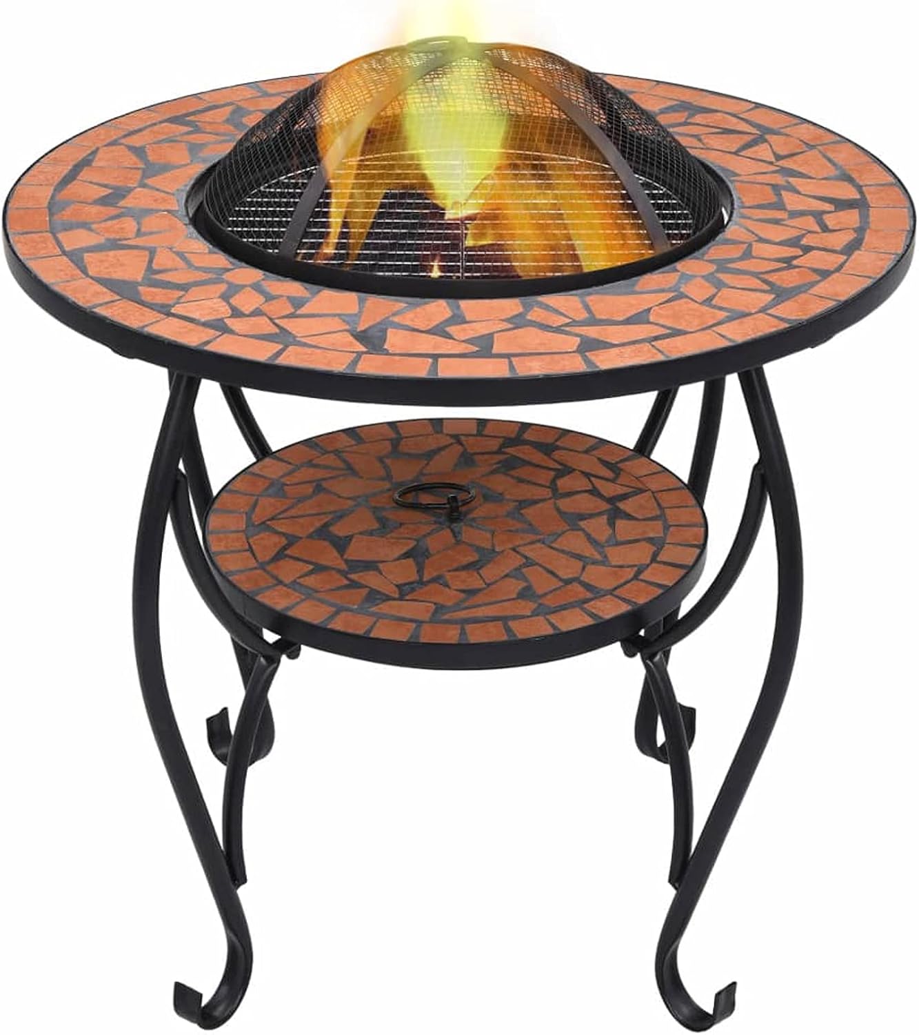 Mosaic Fire Pit Table, Ceramic Round Fire Pit with Safety Mesh, 26.8 Inch Terracotta Steel for Outdoor Garden or Patio