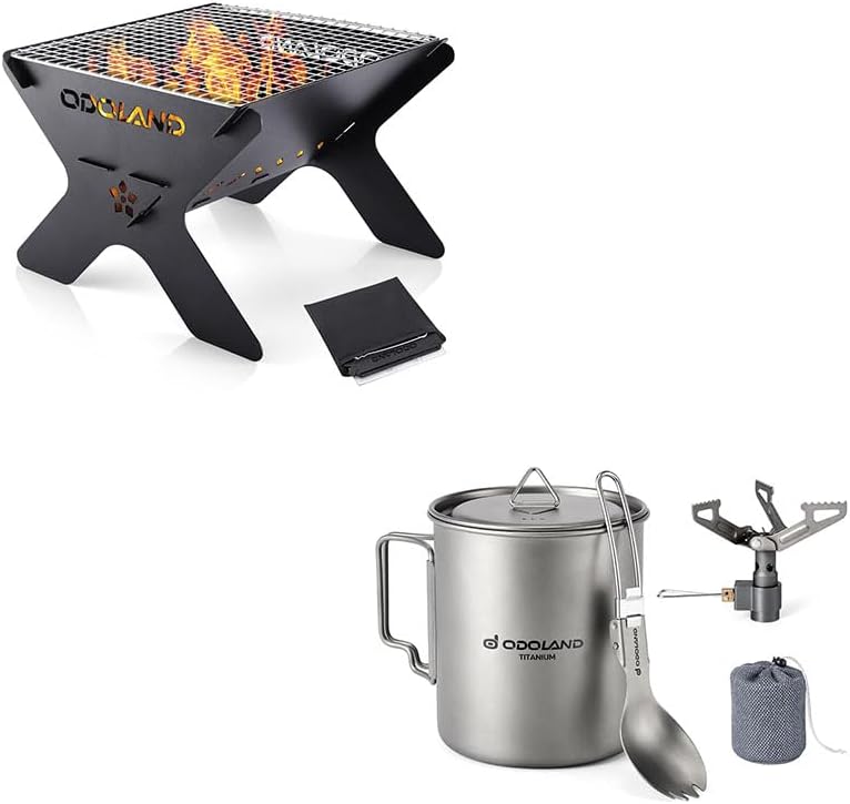 Odoland Bundle - 2 Items Camping Campfire Grill and Titanium Camping Cookware