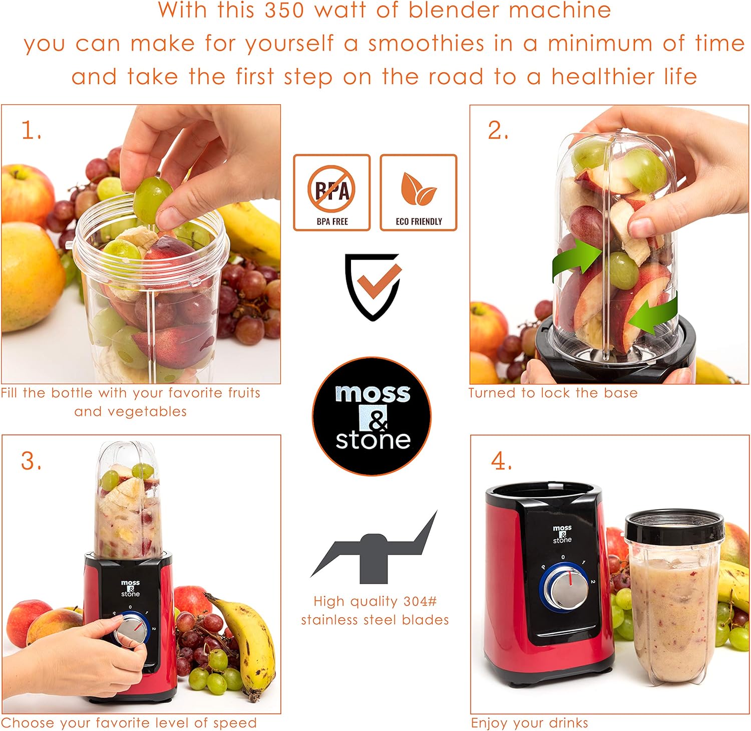Moss & Stone MiniSmoothie Blender, Compact Personal Blender with Additional Cups Bullet Shape For Frozen Drinks, To-Go Portable Cups with Lids, Juice & Smoothie Maker