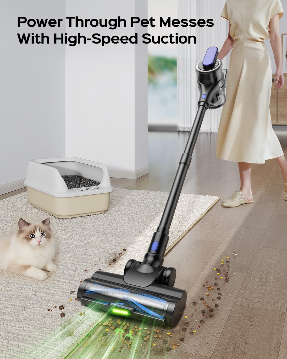 Cordless Vacuum Cleaner for Home, 55 Min Runtime Stick Vacuum with Green LED Light, Powerful Suction for Pet Hair, Carpet & Hard Floor, Lightweight & Low Noise