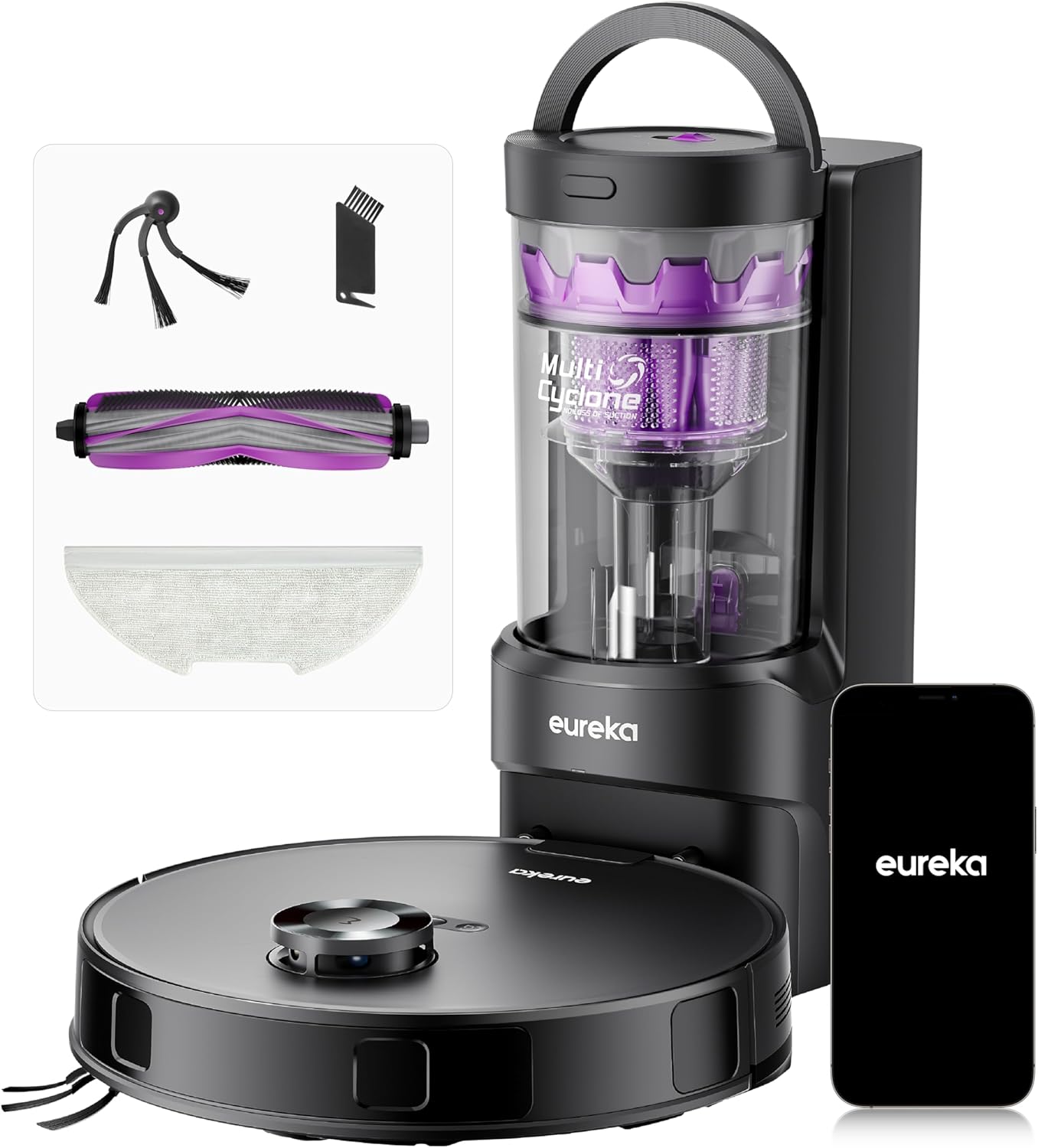 Eureka E20 Evo Plus Robot Vacuum and Mop Combo, 10,000Pa Suction Robot Vacuum Cleaner Bagless Self-Emptying Station, 45-Day Capacity Anti-Hair-Tangling Side Brush Mop Lifting App Control LiDAR Nav