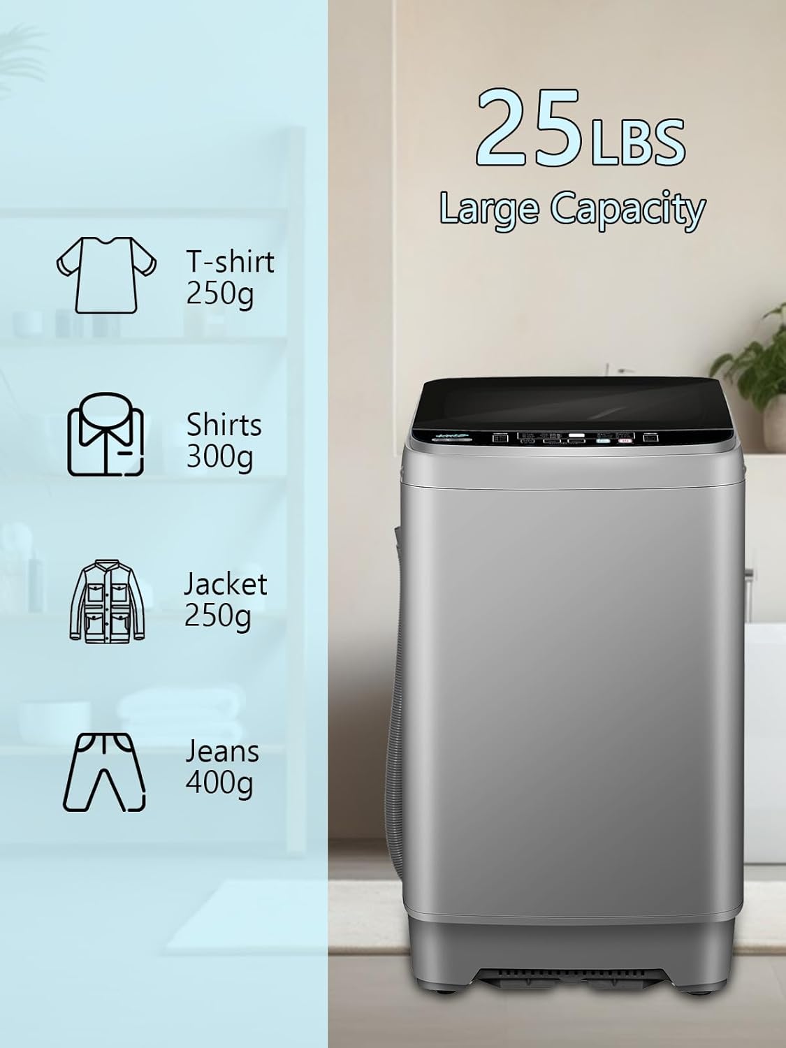 25 lbs Portable Washer Drain Pump, 10 Programs & 8 Water Levels, KRIB BLING Full Automatic Washing Machine with LED Display, Ideal for Camping, Apartment, Dorm, Dark Grey