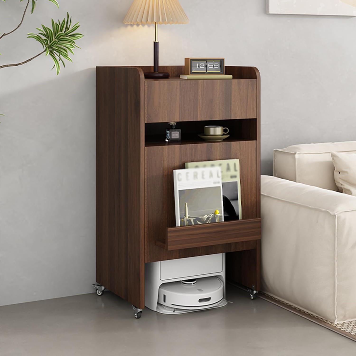 JSWHYBD Robot Vacuum Cabinet with Wheels and Drawer, Wooden Storage Cabinet for Vacuum Cleaner, Mobile Side Table for Living Room, Bedroom & Kitchen, 20.1