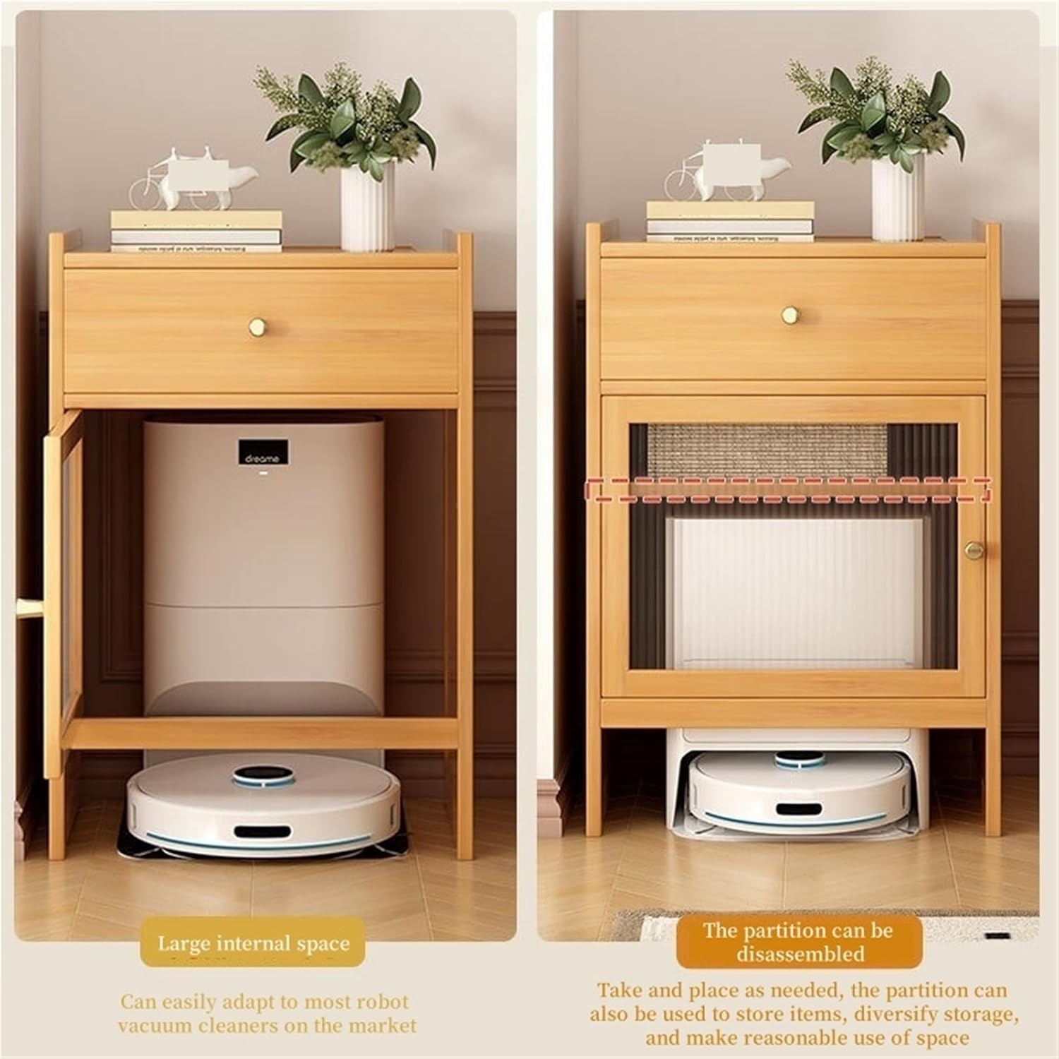Modern Robot Vacuum Storage, Robot Night Stand Accent Side Tables for Living Room, Bedroom, Bathroom, Balcony, Easy to Clean(Natural)