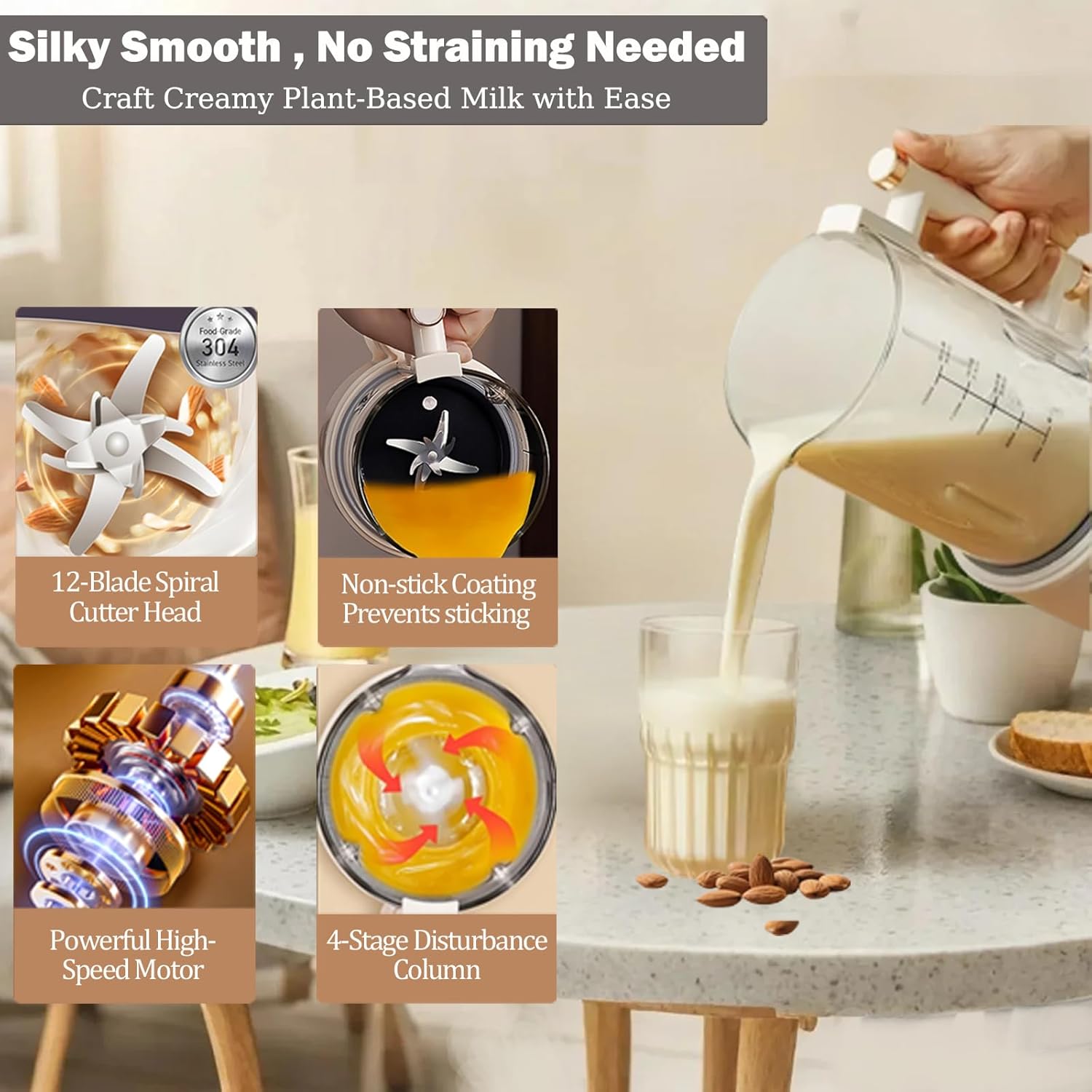 50oz Nut Milk Maker & Grinders, 10-in-1 Soy, Almond, Oat & Rice Milk Maker with 12 Stainless Steel Blades, Vegan Blender with Delay Start, Boil Water & Easy Self-Cleaning