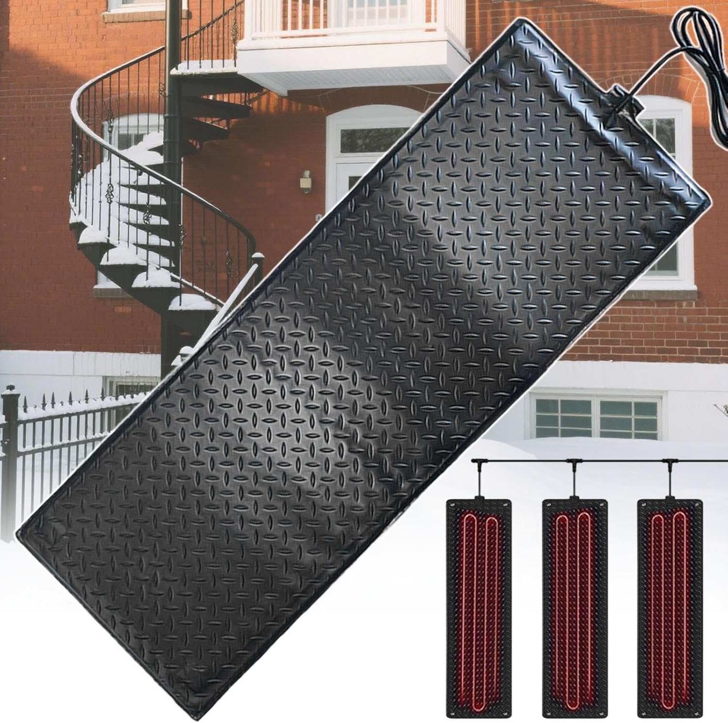 Electric Heated Snow Melting Mats, Flexible PVC, Max 45℃ for Winter Roofs, Stairs, Steps, Lawns, Floors, 25.4cm x 76.2cm