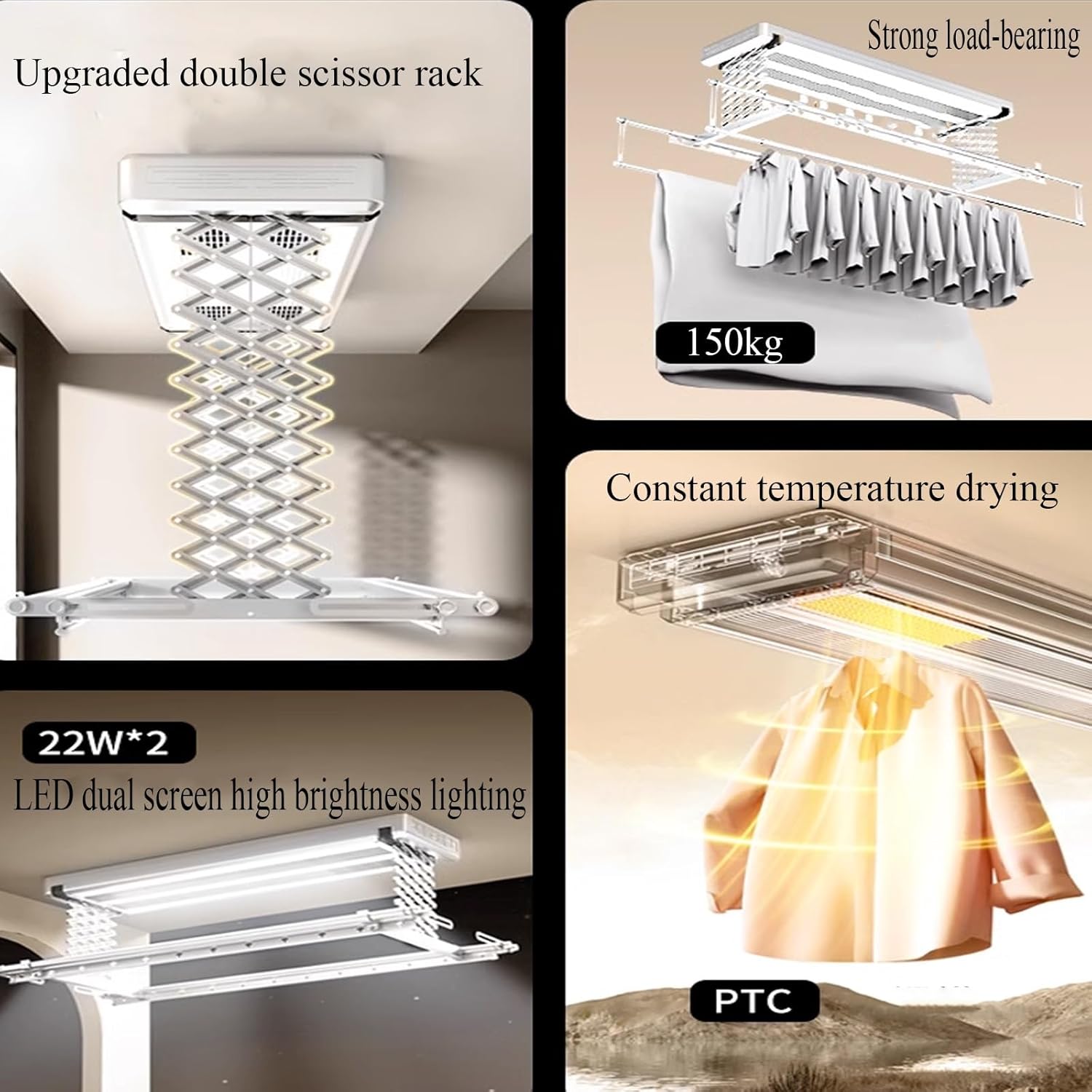 Foldable Drying Rack Large for Clothes Large Capacity, Indoor Clothes Drying Rack Retractable 129-220cm, Ceiling Mounted Clothes Drying Rack with Remote Control 220V(Gray)