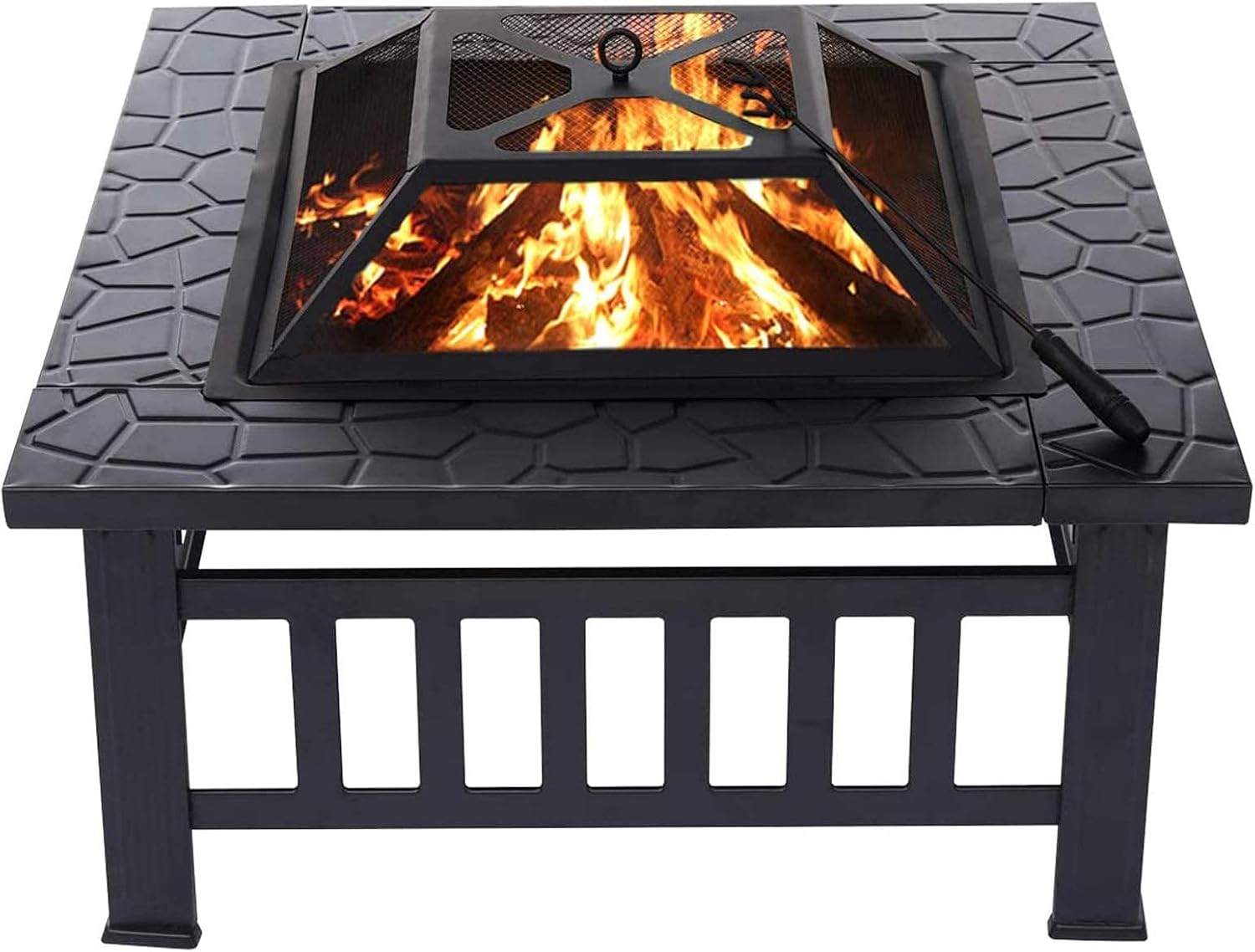 Outdoor Fire Pit Metal Square Firepit Patio Stove with Spark Screen Cover, Log Grate, Poker for Backyard Garden Camping Picnic Bonfire