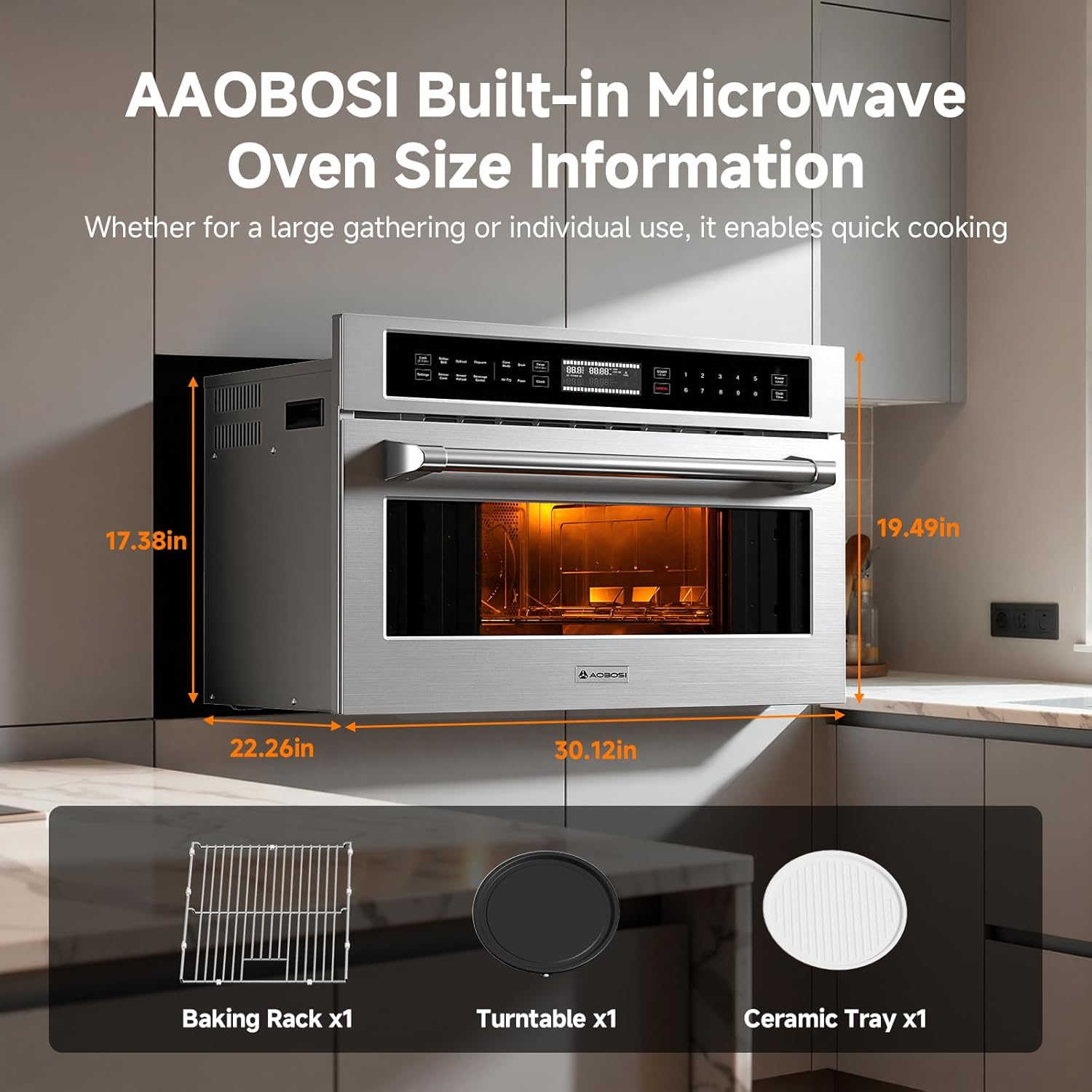 AAOBOSI 30 Inch Built in Microwave Oven,1.6 Cu.Ft Wall Microwave Convection Ovens Air Fryer Combos, 1000Watt Power Sensor&Auto Cook, 10 Cooking Modes, Drop Down Door,Stainless Steel