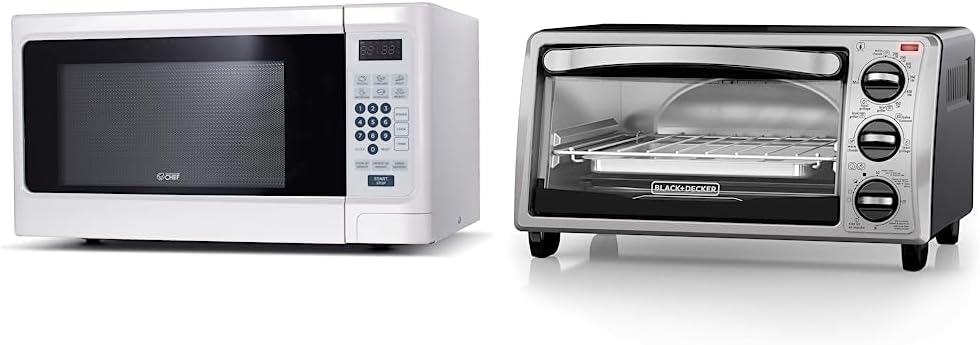 Commercial Chef Countertop Microwave, 1.1 Cubic feet, White & BLACK+DECKER 4-Slice Convection Oven, Stainless Steel, Curved Interior fits a 9 inch Pizza, TO1313SBD
