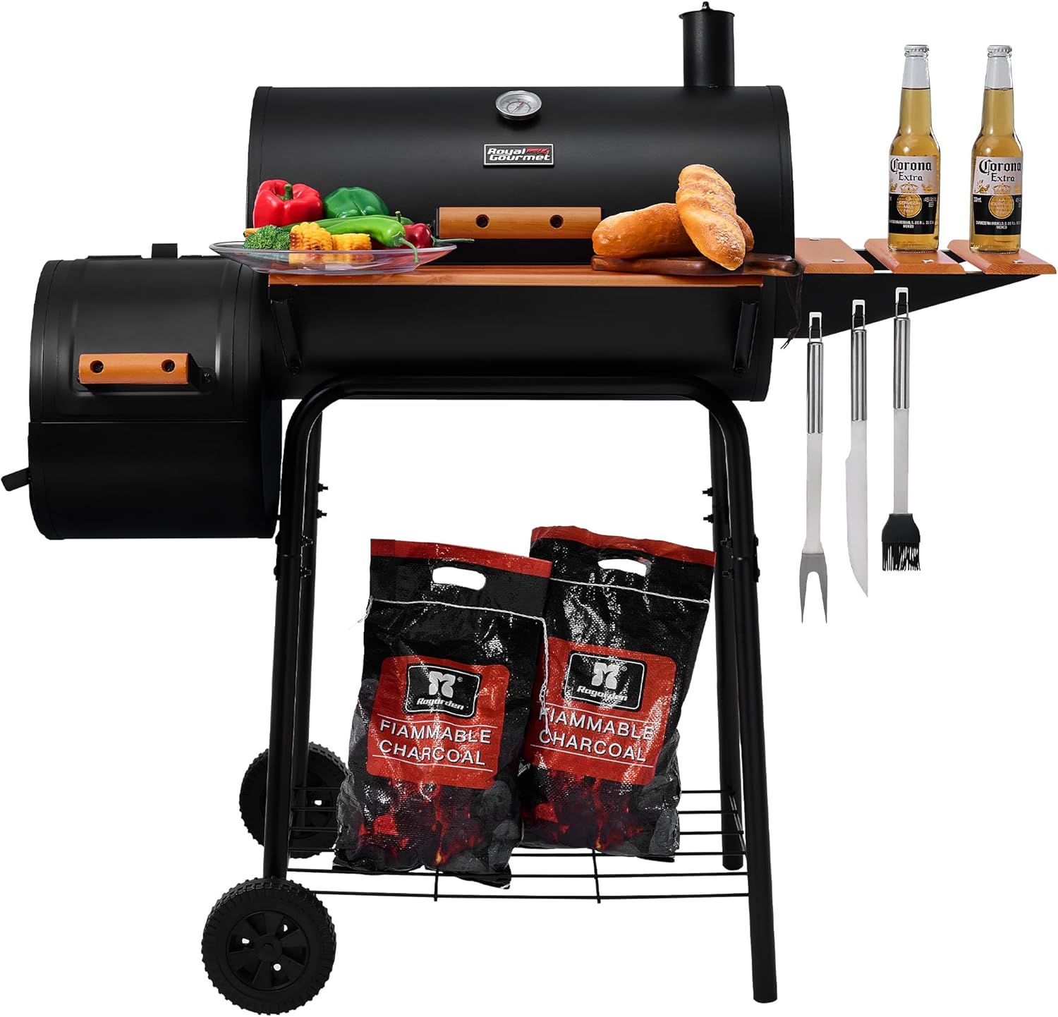 Royal Gourmet CC1624W Barrel Charcoal Grill with Offset Smoker, 552 Sq. In. Cooking Area, Wooden Front and Side Shelf with Hooks, Mesh Bottom Shelf, Charcoal Grill for Outdoor Grilling, Black