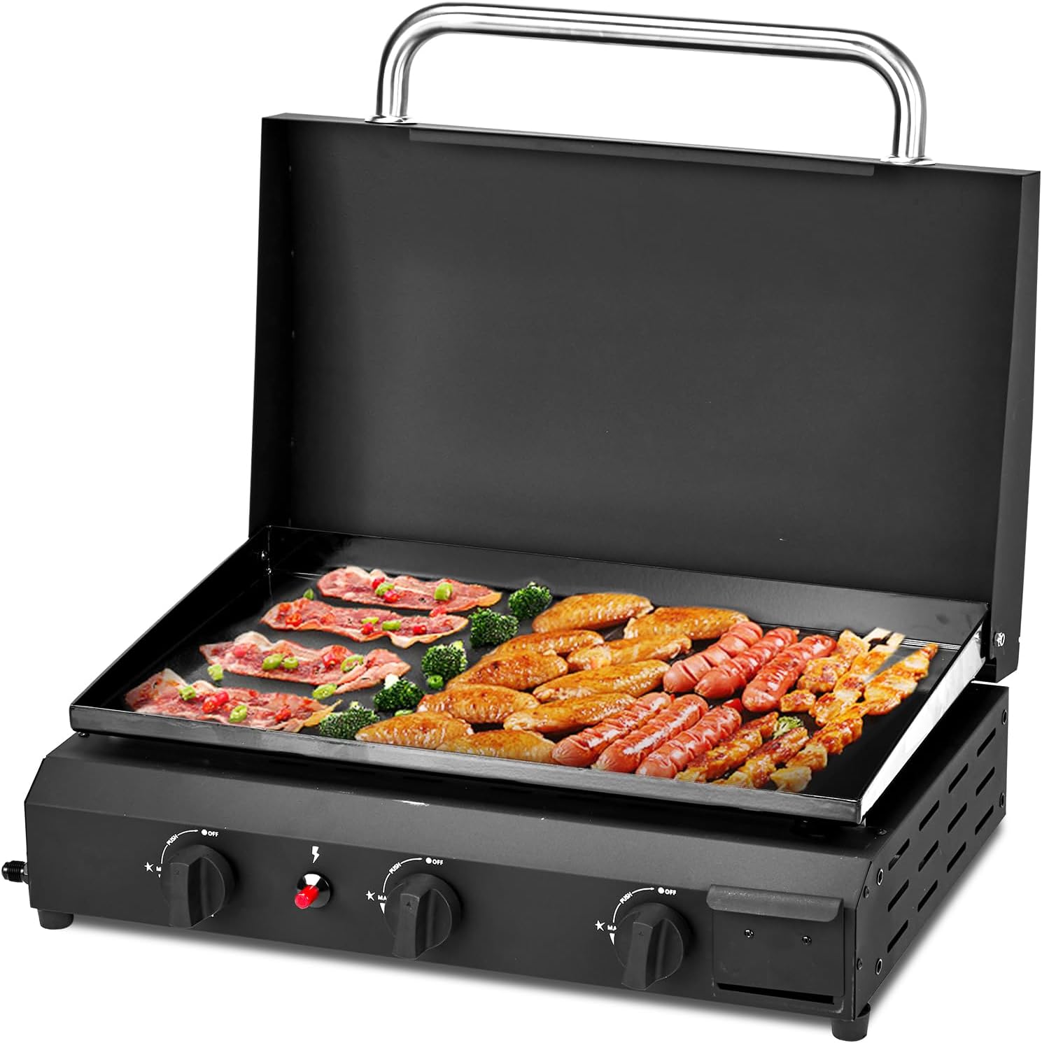 3 Burner Flat Top Gas Griddle with Hood- Outdoor Propane Portable Flat Top Gas Grill Camping Griddle with Lid for Kitchen, Outdoor BBQ, Camping