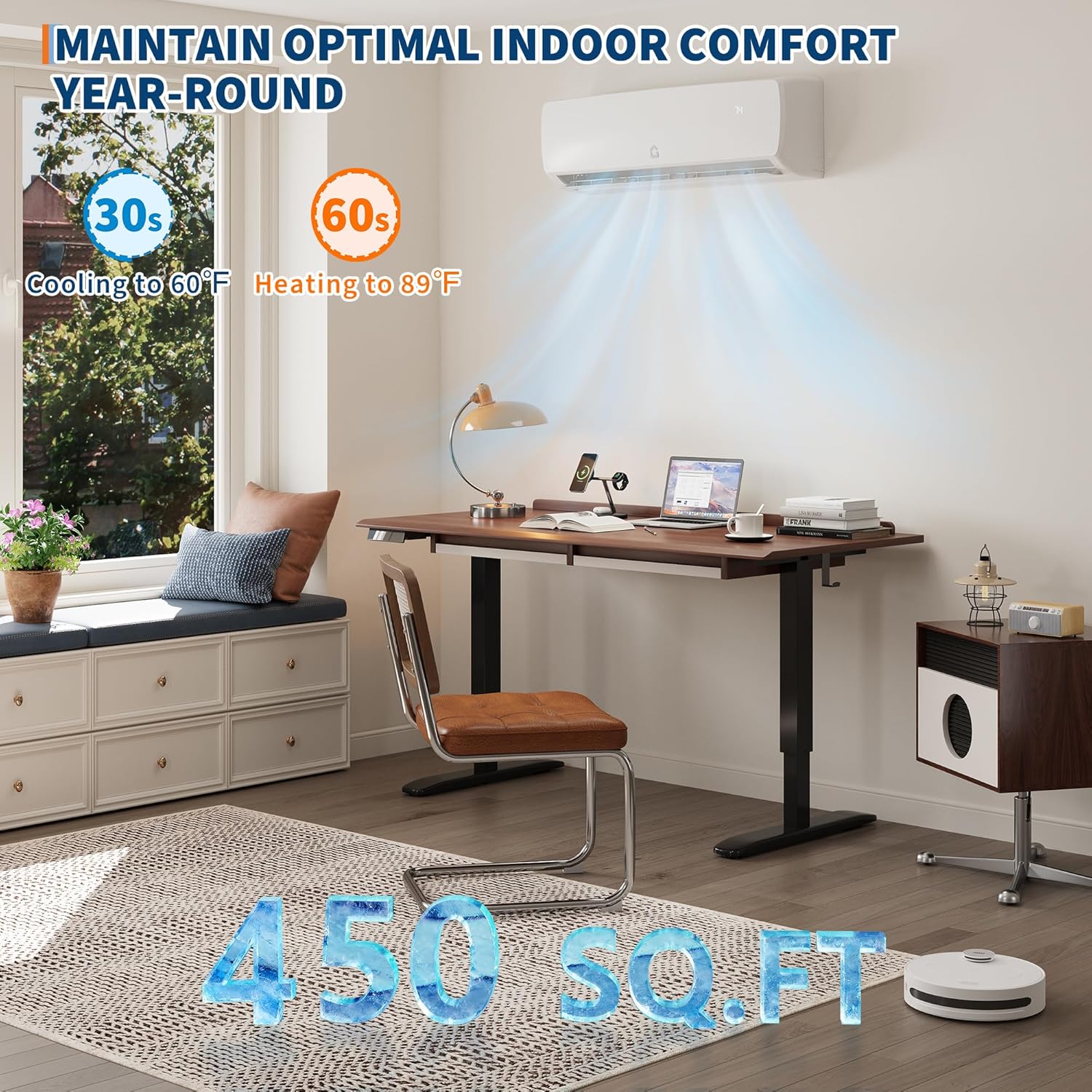 115V Mini Split Air Conditioner 9000 BTU 19 SEER2 Heat Pump, Cools 450 Sq.Ft with Household Plug, 3-in-1 Inverter System for Cooling Heating Dehumidifying, 10ft Line Set for Standard Wall Outlet