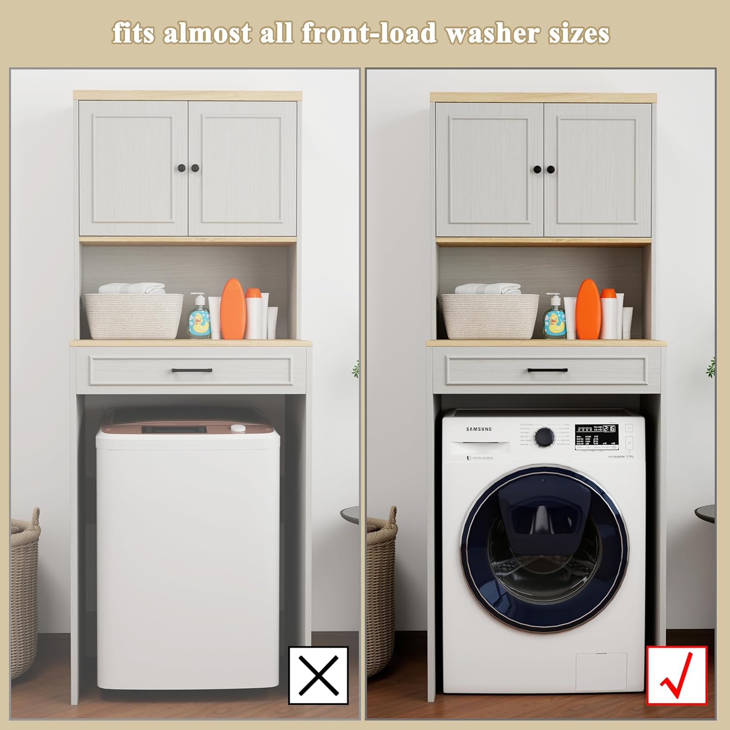 Over-Washer & Dryer Storage Cabinet - Features Fake Drawer Design,Adjustable Shelf,Wide Tabletop, and Anti-Tip Safety -Laundry Room Organizer for Space-Saving Storage Above Appliances