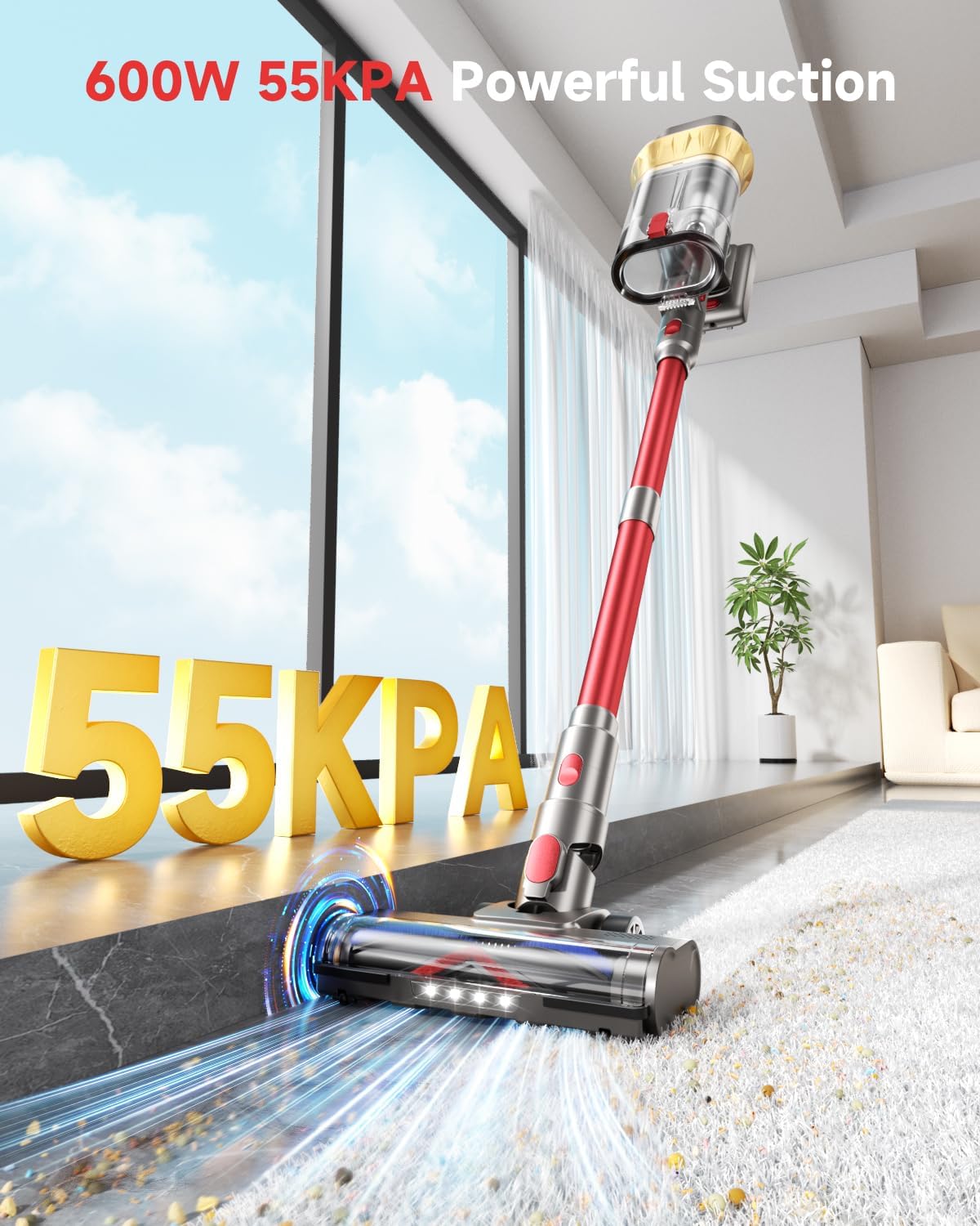 Vacuum Cleaners for Home, 650W 55KPA Cordless Vacuum Cleaner, 75 Mins 2L Double Dustcup Stick Vacuum Cordless Rechargeable, Anti-Tangle & Wall Mount Charging, for Hard Floors Carpet Pet Hair