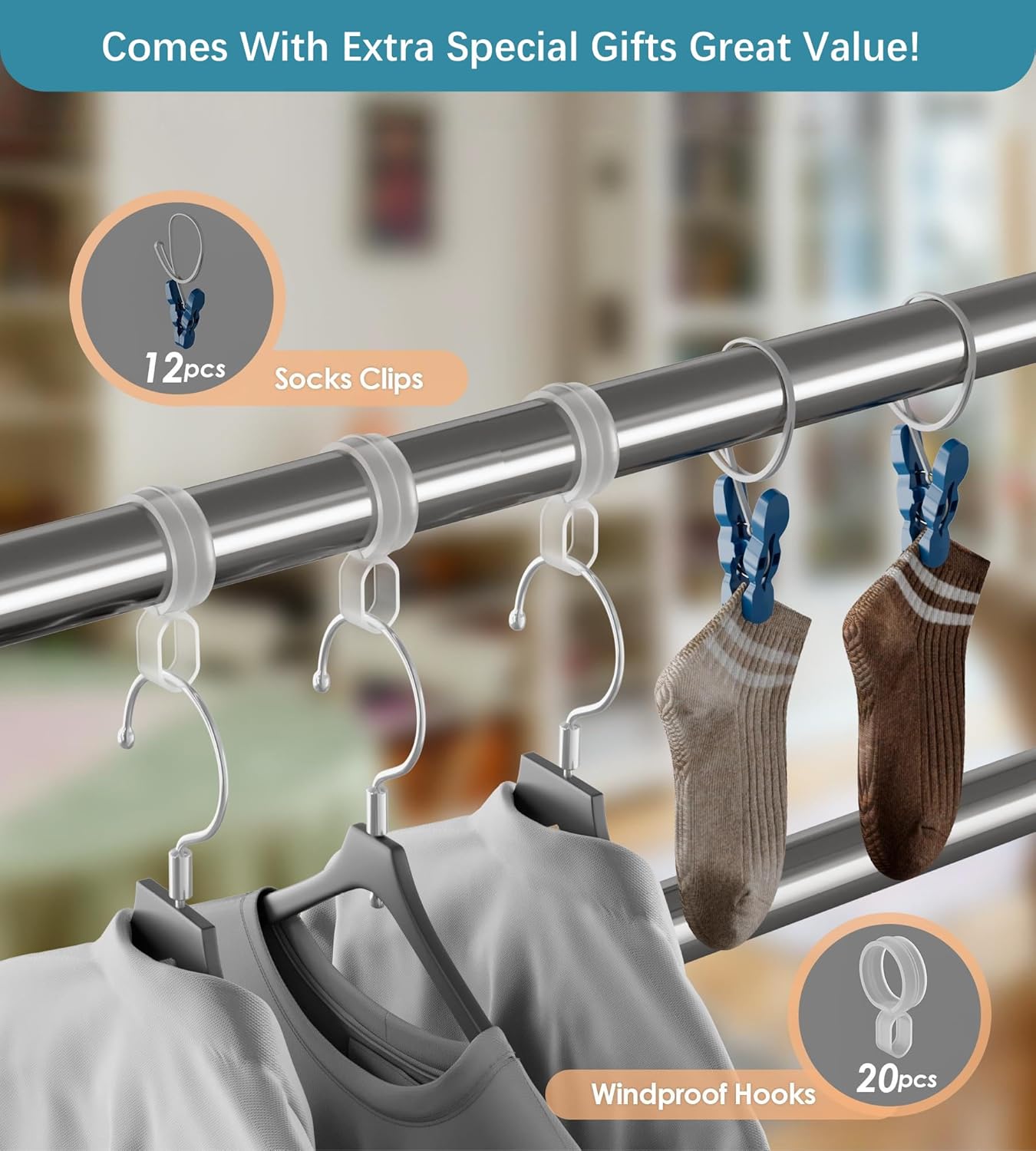 Clothes Drying Rack 95 Inches Folding Indoor Outdoor, Drying Rack Clothing Collapsible Windproof, Foldable Laundry Drying Rack, Heavy Duty Stainless Steel Clothes Rack, Coat rack, 20 Hooks 12 Clips