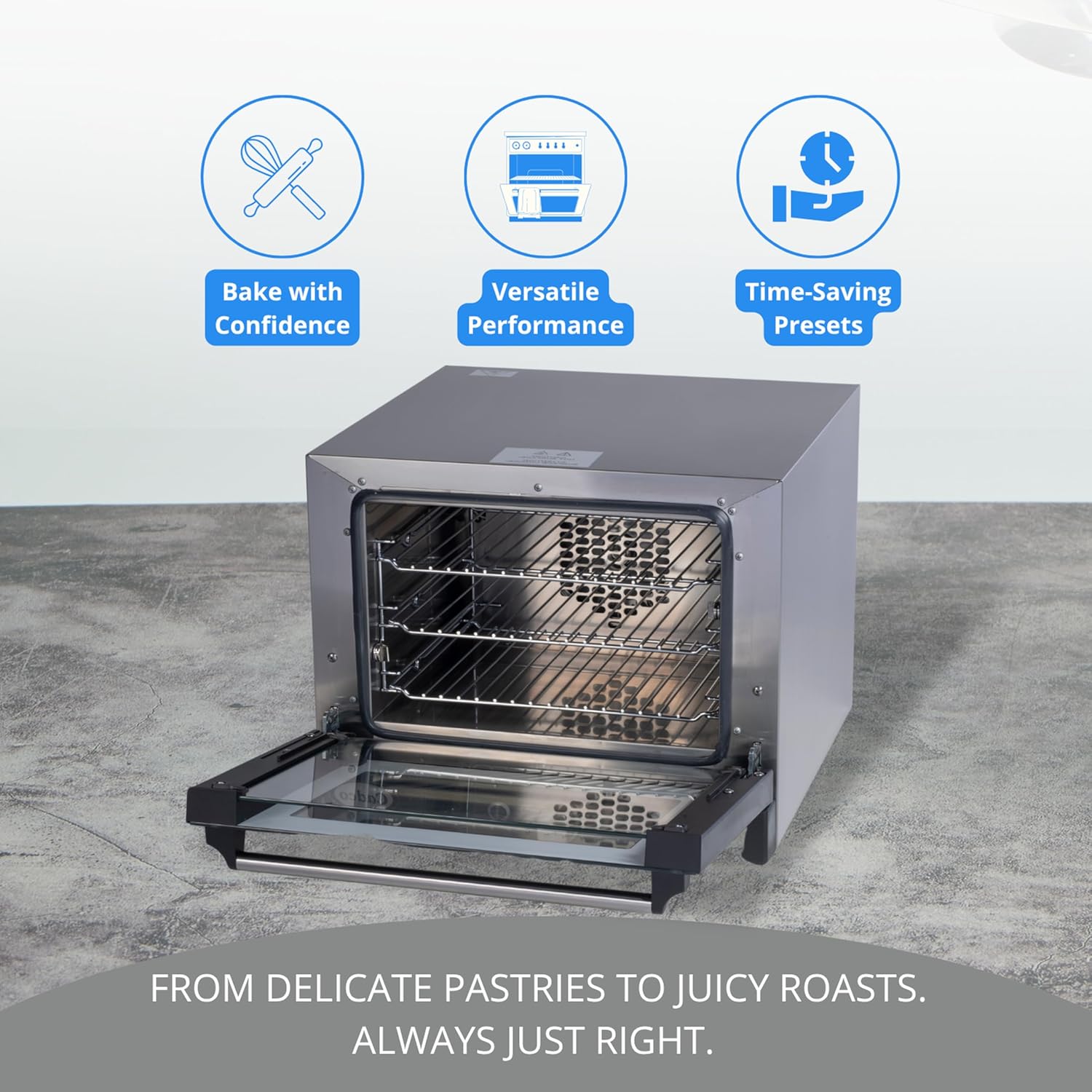 Cadco OV-003 Quarter-Size Commercial Countertop Convection Oven, 3 Pan Capacity, Manual Time & Temp Controls, Stainless Steel, 18-7/8