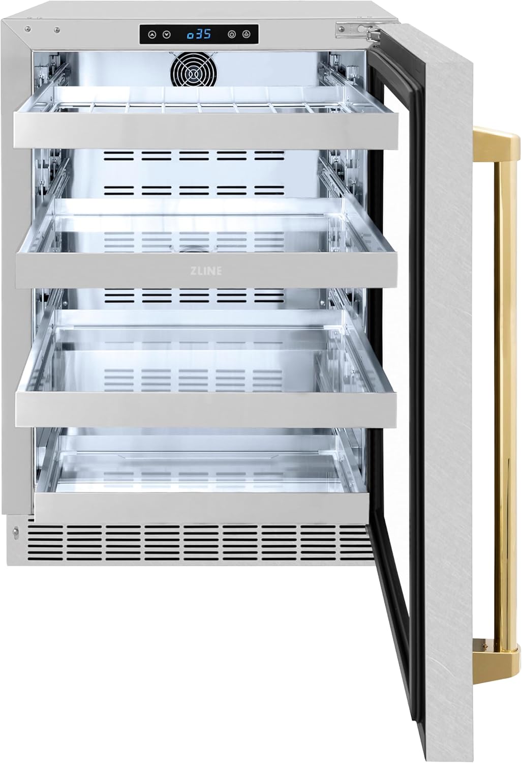 ZLINE Autograph Edition 24 in. Touchstone 151 Can Beverage Fridge With Satin Stainless Steel Glass Door And Polished Gold Handle (RBSOZ-SN-24-G)