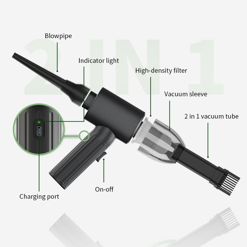 2-in-1 vacuum cleaner with 14KPa suction capacity of 2000mAh, battery capacity for 2.5 hours of charging, 15-30 minutes of use, adjustable in 3 levels, suitable for multi-functional scenarios