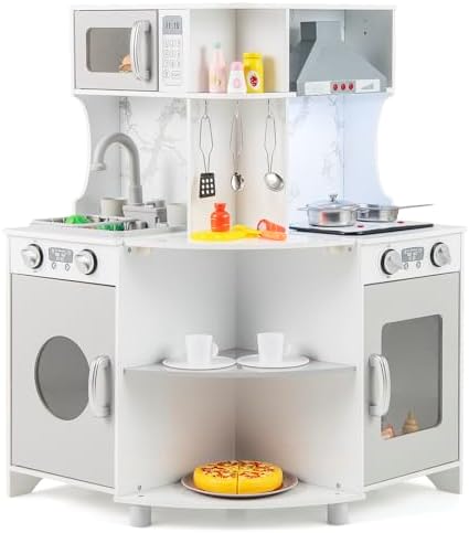 Costzon Corner Play Kitchen, Wooden Kids Kitchen Playset w/Water Circulation, Real Light & Sound, Microwave, Range Hood, Stove, Oven, Toy Kitchen Set for Kids Toddlers, Gift for Boys Girls 3+ (Grey)
