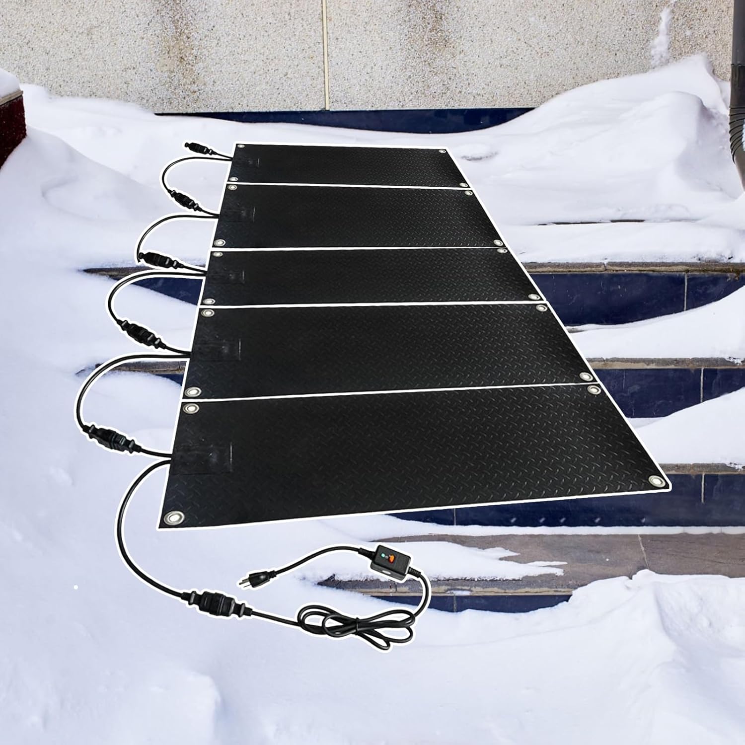 Snow Melting Mats Outdoor - Speed Snow and Ice Melting Mat for Stairs - Rubber Heated Sidewalk Walkway Mats Outdoor with Power Cable for Winter Driveway Steps Doorways - No Slip(5 pcs,10*48 in)