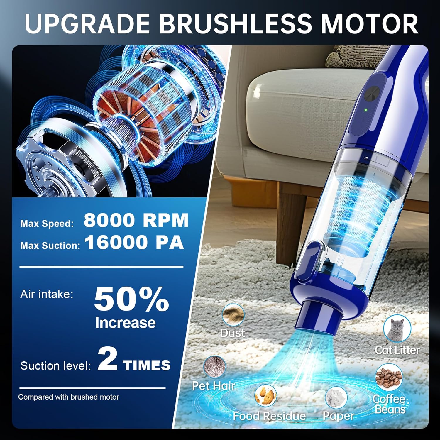 Handheld Vacuum Cordless, 16000Pa Powerful Suction, Lightweight at 1.3 lbs, Rechargeable Car Vacuum Cleaners for Home Office Car Pets with Brushless Motor, Multiple Accessories