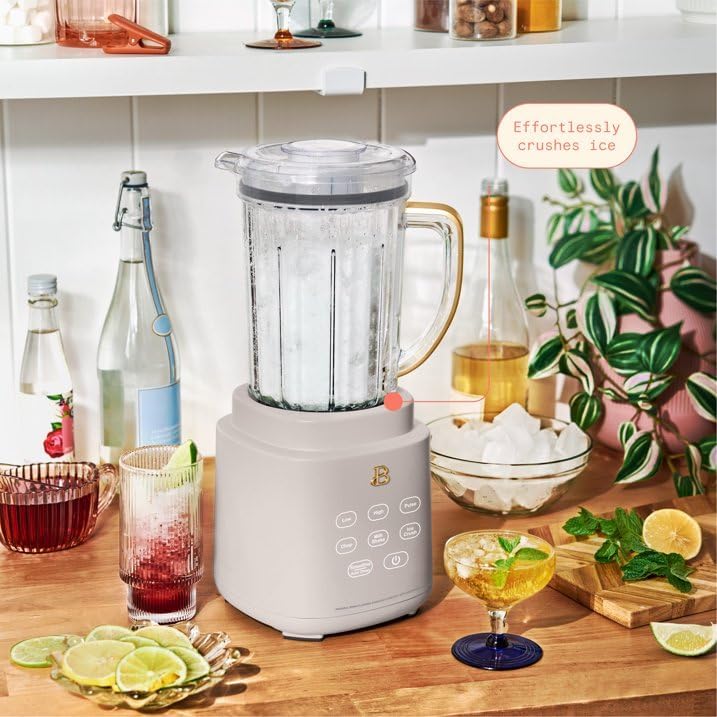 Beautiful PowerExact Blender System, Taupe by Drew Barrymore – 700 W Motor, PrecisionSense, Touch Display, 50 oz Tritan Pitcher + 20 oz Cup with No-Drippy Sippy Lid (White)