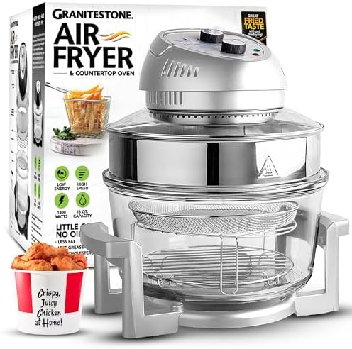 Big Boss 16Qt Large Glass Air Fryer Non Toxic – Family Sized Large Halogen Oven Cooker with 3 Cooking Sections, Stainless Steel Racks, French Fries, Chicken, No Preheat, Self Cleaning, Dishwasher Safe