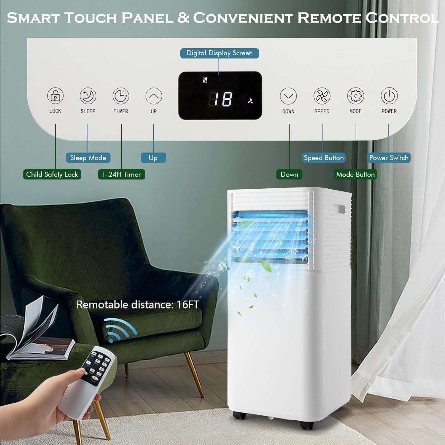 SIMOE 4-in-1 Portable AC, 10000BTU Portable Air Conditioner Unit for room Cooling up to 350 sq.ft, with Remote Control, 24H Timer & Window Kit, Built-in Fan, Cooling, Dehumidifier & Sleep Modes