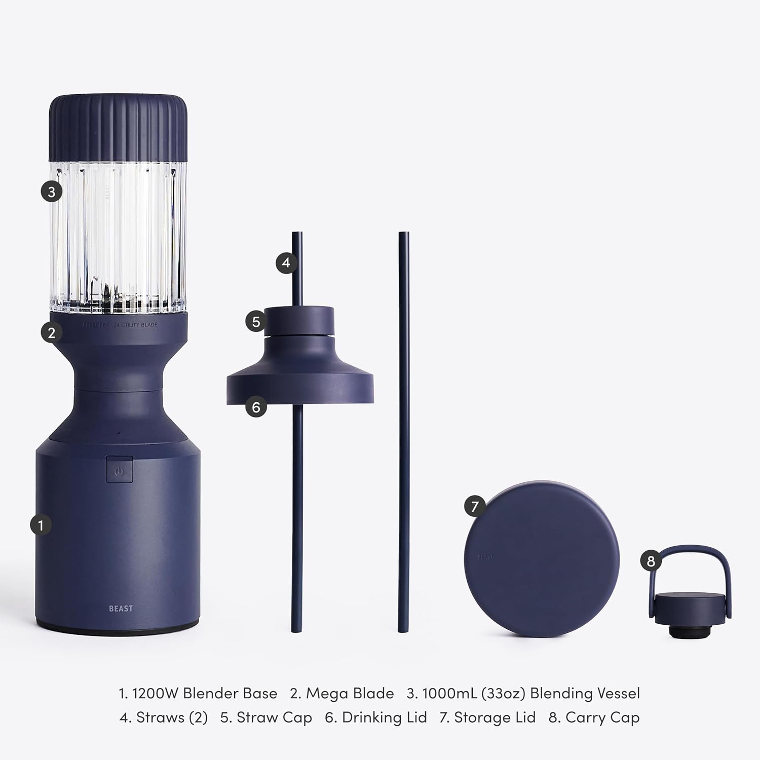 Beast Mega 1200 | Premium Countertop Blender | Smoothies, Shakes, Sauces, Dips, Soups | Blends Ice and Frozen Fruit | Includes Extra Lids and Straw System | 1200W | (Navy, 120V)