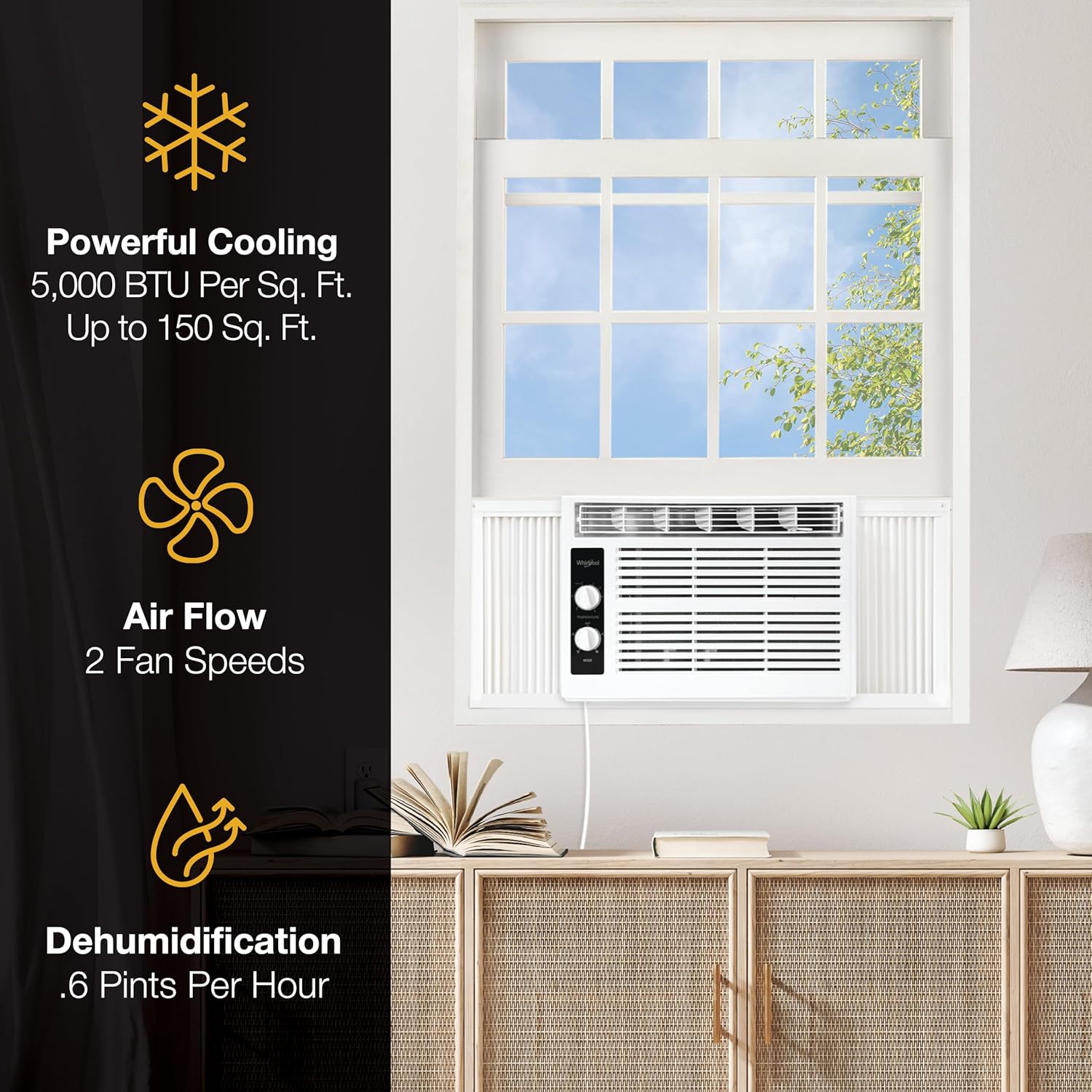Whirlpool 5,000 BTU 115V Window Air Conditioner & Dehumidifier with Mechanical Controls, Window AC Unit for Apartment, Dorm Room, & Small Rooms up to 150 Square Feet in White