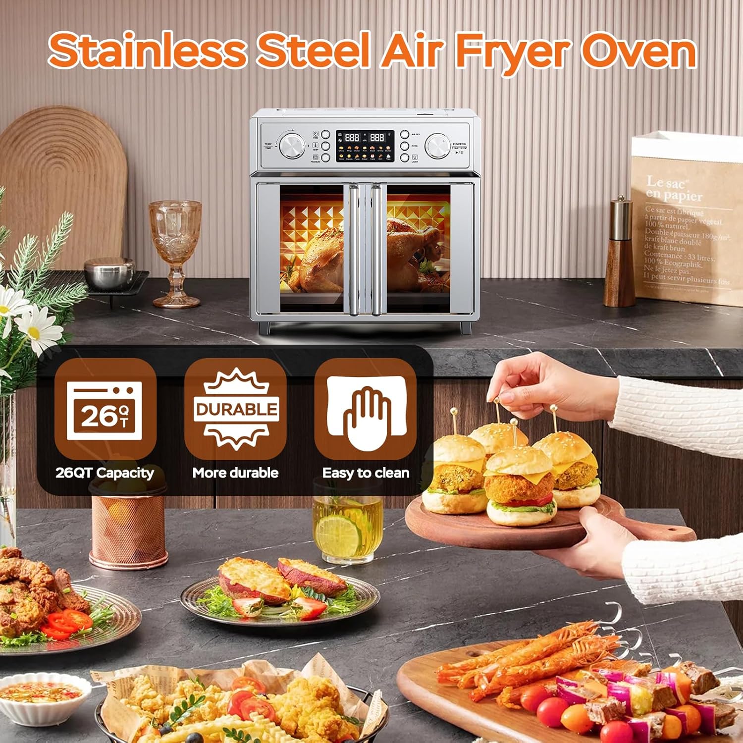 26QT Air Fryer Convection Oven Toaster Oven Combo, 7-in-1 French Door Countertop Oven with 14 Presets, Large Capacity Smart Oven for Baking Roasting Dehydrating and Air Frying Stainless Steel