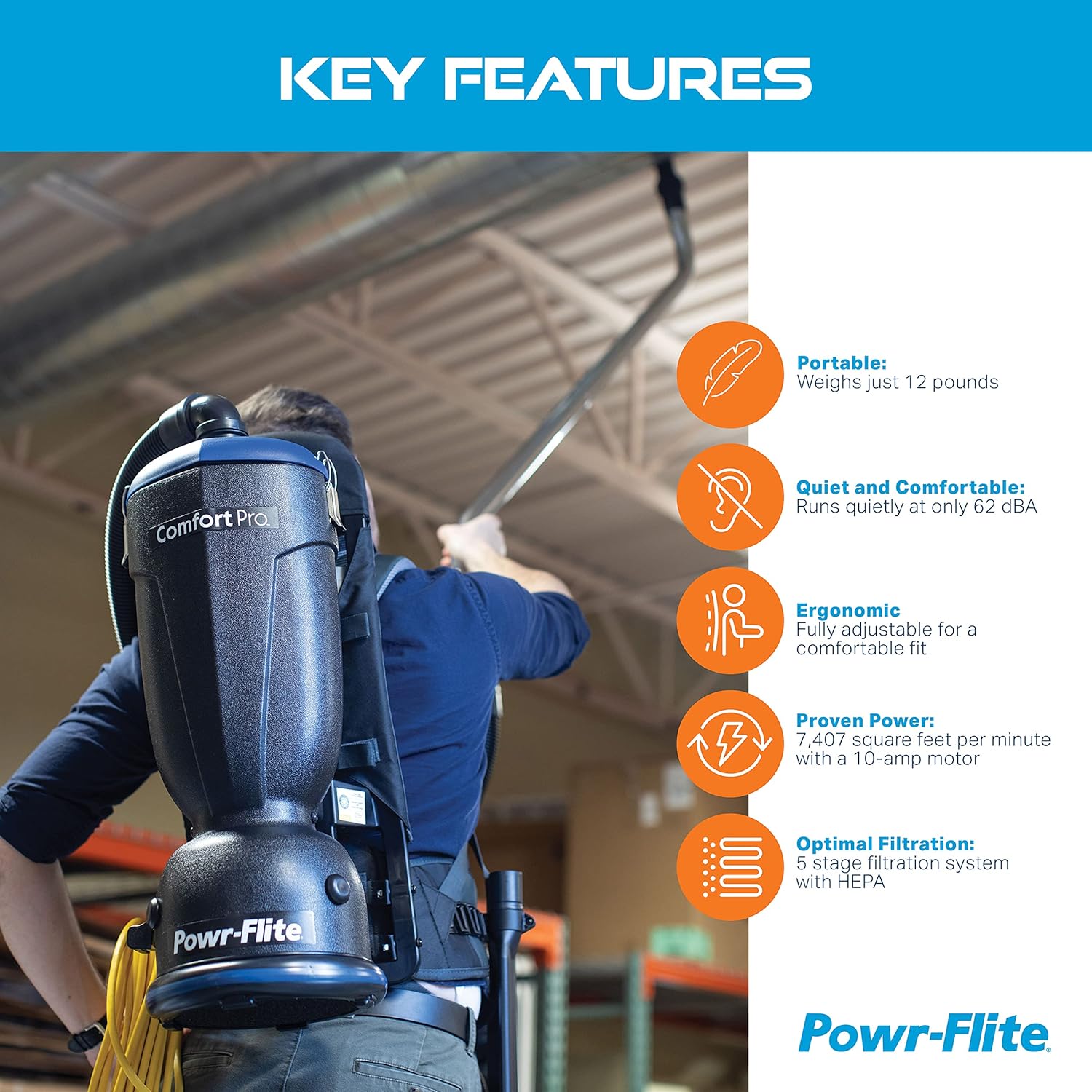 Powr-Flite Comfort Pro Backpack Vacuum Cleaner, 6 Quart Commercial Vacuum Cleaner with Premium Tool Kit, HEPA Vacuum, BP6S