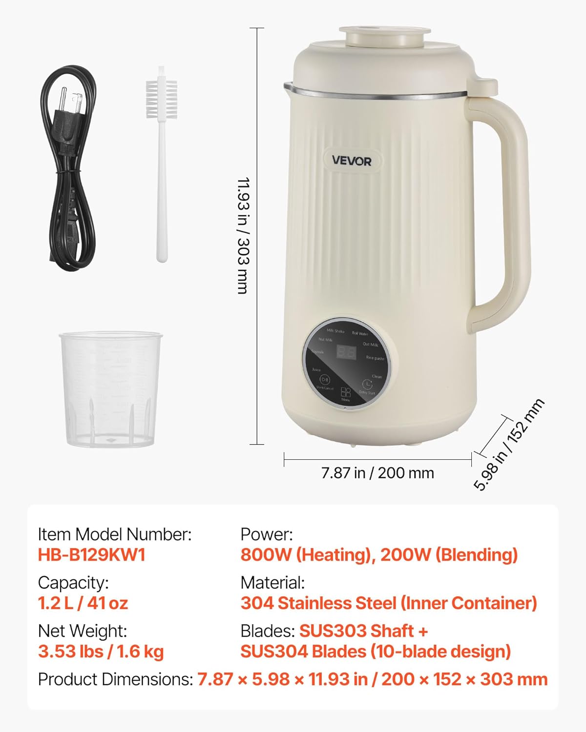 VEVOR 8-in-1 Nut Milk Maker, 41 oz Soy Milk Maker Machine with 10 Blades, for Homemade Oat, Nut, Soy, Juice, Milkshake, Rice Cereal, Plant-Based Beverages with Self-Cleaning, Boil Water, 12-Hour Delay