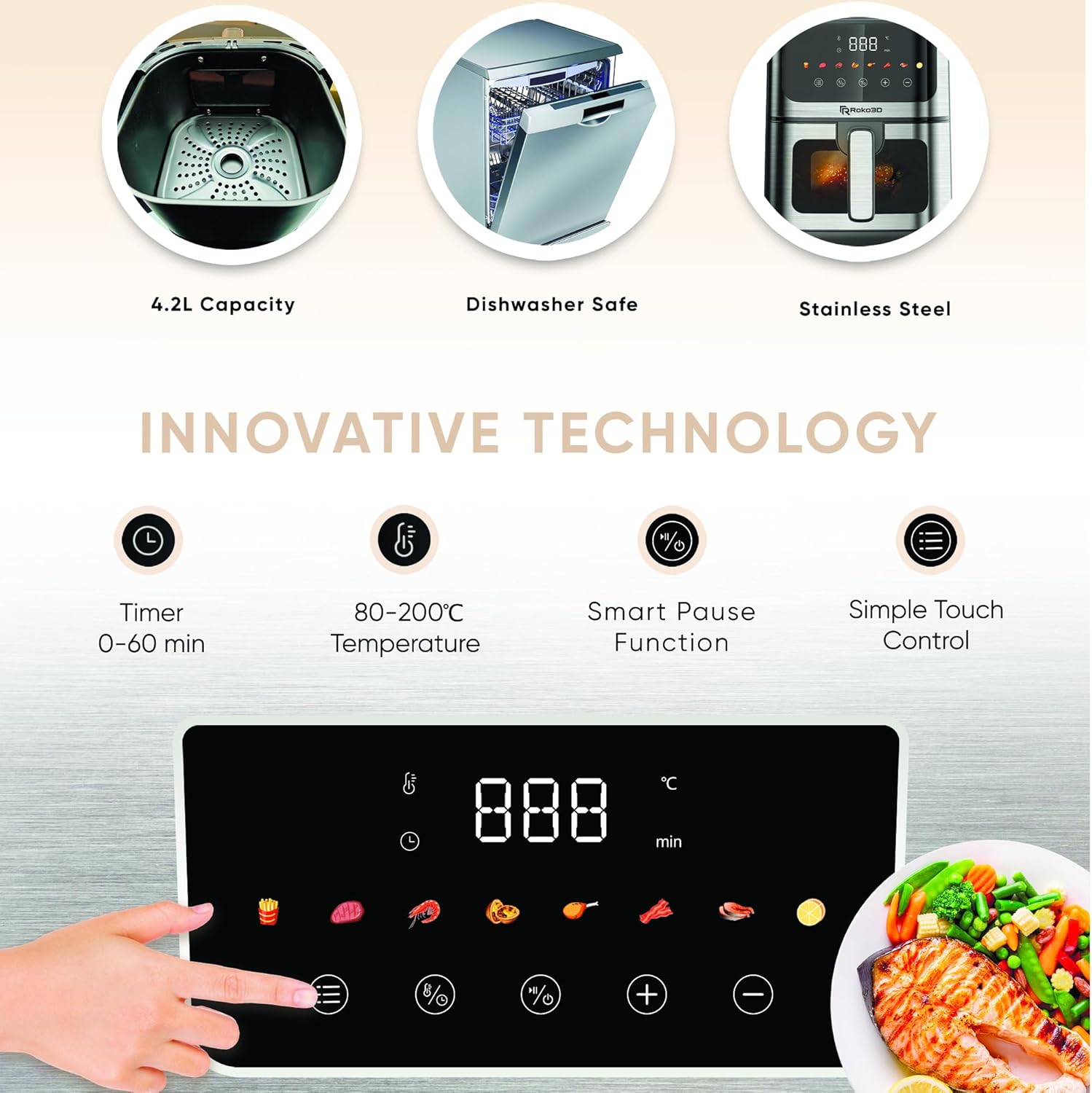 Air Fryer Stainless Steel ROKO 3D with Visible Window - 5Qt Capacity for 3-5 Persons | 18 in 1 - Fry, Bake, Toast, Broil, Reheat without Oil - 1400W, Dishwasher Safe, Luxury Black and Silver