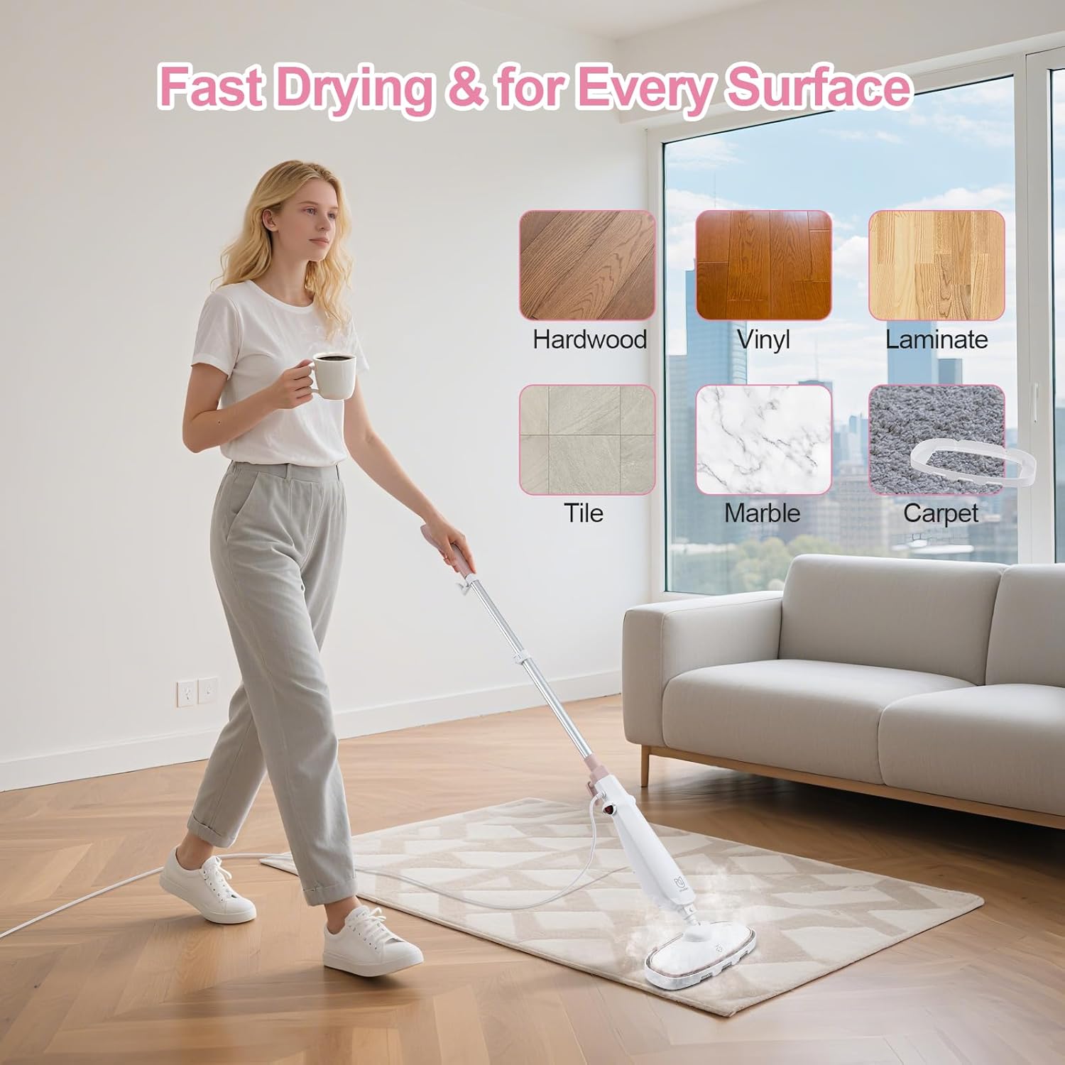 Moolan Steam Mop, 15s Fast Heat-Up Steam Cleaner with 2 Washable Pads, Chemical-Free Hard Floor Cleaning for Carpet, Tile, Laminate, Hardwood, Self-Standing with Adjustable Handle