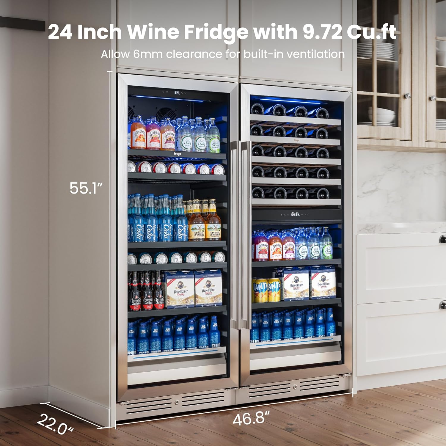 Yeego 48 Inch Wine and Beverage Refrigerator (2 x 24 Units), 238 Can and 89 Bottle Cooler with Lock, 34-65℉ Built-in Beer Fridge with Glass Door, Wine Refrigerator for Home, Office, Bar (19.4 Cu.ft)